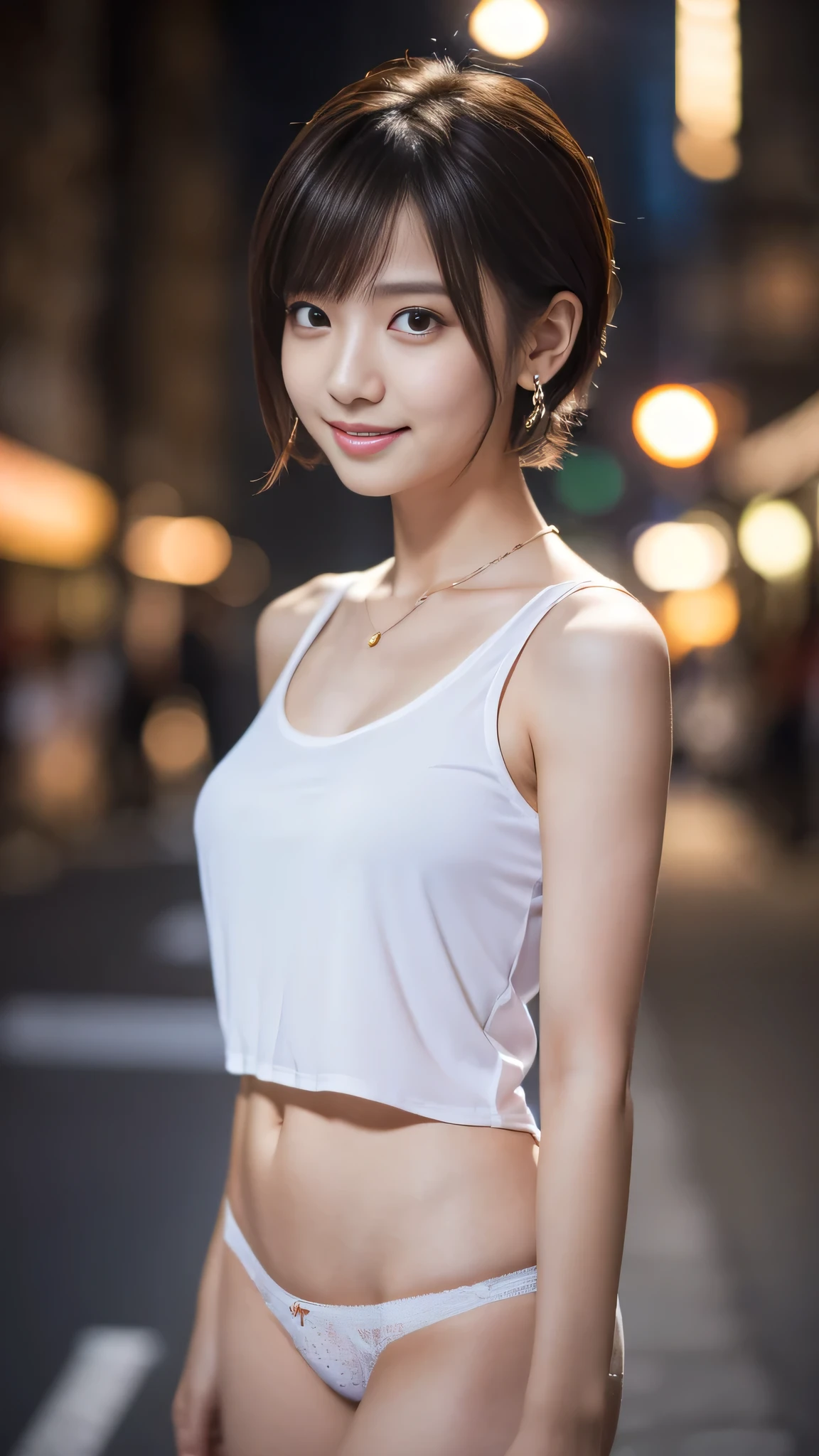 8K, masterpiece, Raw photo, highest quality, realistic, Highly detailed CG Unity 8K wallpaper, Depth of written boundary, cinematic light, Lens flare, ray tracing, (very beautiful face, beautiful lips, beautiful eyes), face with intricate details, ((super dense skin)) 1 girl, in the dark, deep shadow, cute korean girl, K-POPアイドル, 1 girl, (very slim slender fit-muscled body:1.3), ((looking at the viewer)),(大きなsmile:1.3), (tight lace blouse), (hot pink blouse), (No sleeve) , (fashion city night, dark night, (neon sign), (blurred background), fashion street night),(with no people in the background:1.3), beautiful earrings, bracelet, necklace, clear eyes, (white skin), (Big eyes), I&#39;m looking forward to, ((upper body shot)), ((white panties)),(brown hair), (looking at the viewer:1.3) open chest, very slim, , return, buckshot,smile , (((Lower body panties.)))、(((The lower body is in underwear))),stand up straight、upper body photo、short cut hairstyle、smile