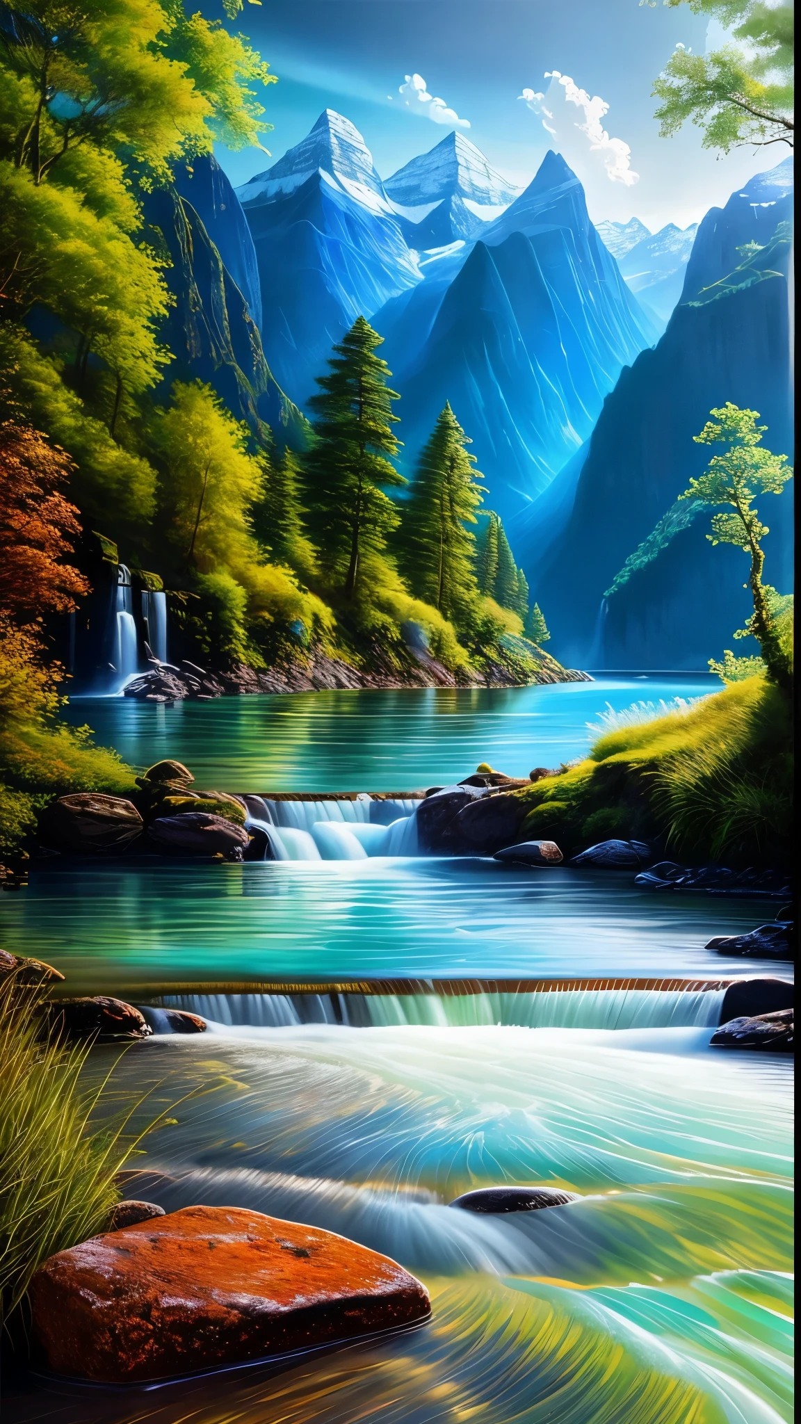 painting of a mountain stream with a waterfall in the middle, majestic nature scenery, nature wallpaper, peaceful beautiful waterfall, stunning nature in background, beautiful nature, nature scenery, beautiful iphone wallpaper, really beautiful nature, amazing wallpaper, very beautiful scenery, stunning waterfall, very very beautiful scenery, beautiful stunning waterfall, waterfalls and lakes, nature in all its beauty, breathtaking landscape