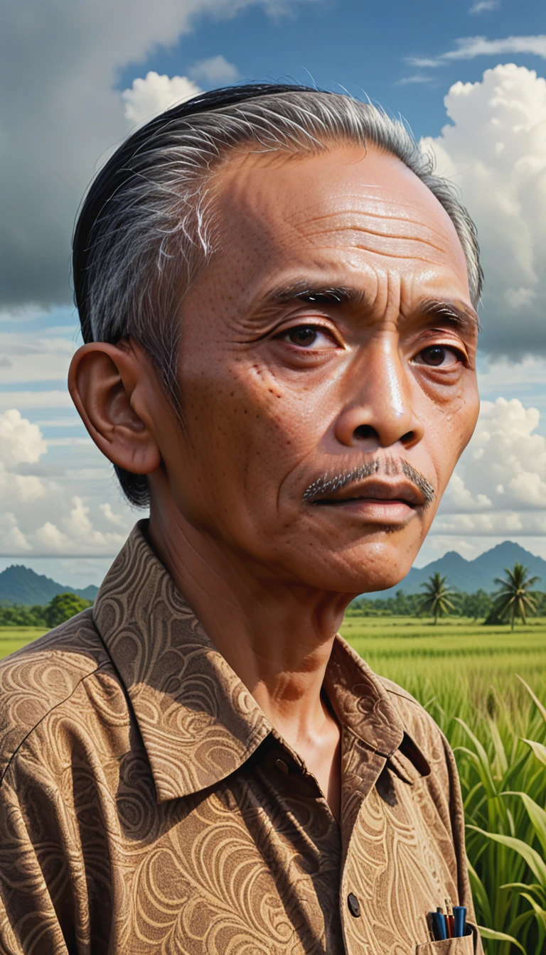 close up portrait, a 20 years Indonesian old man standing in a field, in the style of realistic hyper-detailed portraits, earthy colors, ambitious, dinopunk, atmospheric clouds, bold