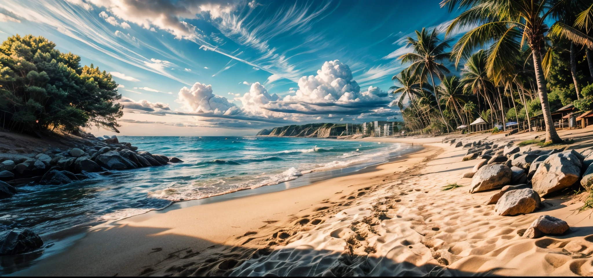 Sandy beach with footprints, gentle breeze, transition from morning to midday.