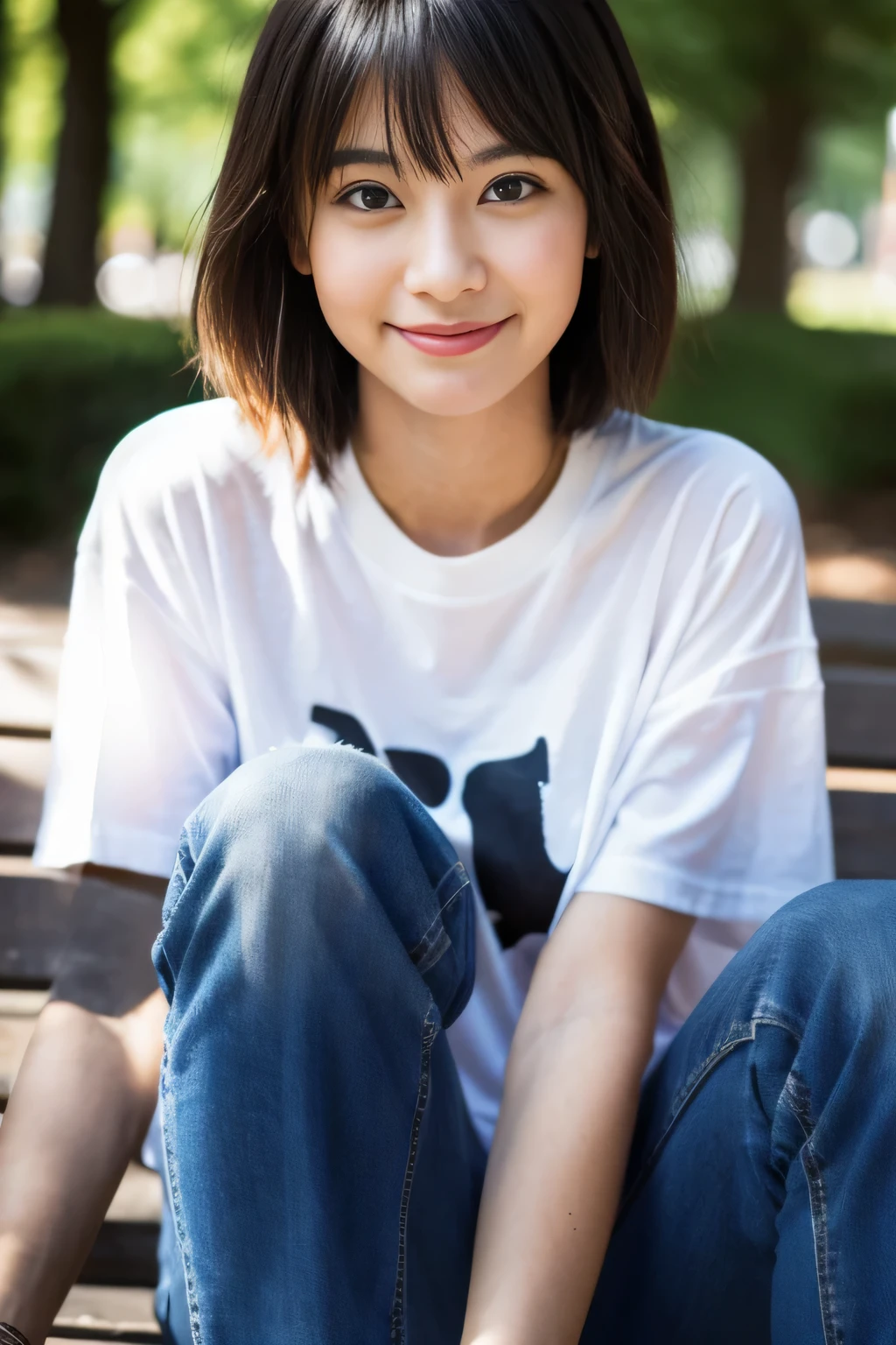 (32k, Raw photo, highest quality, masterpiece:1.2), (realistic, photo-realistic:1.4), (Highly detailed 8K wallpaper),sharp focus, Depth of the bounds written,blur background, Bokeh,professional lighting, cinematic lighting,Backlight,extreme close up shot,thin,japanese girl,20 year old girl,sitting,garden,bob cut,wet hair,black hair,T-shirt,jeans,Hilarious,