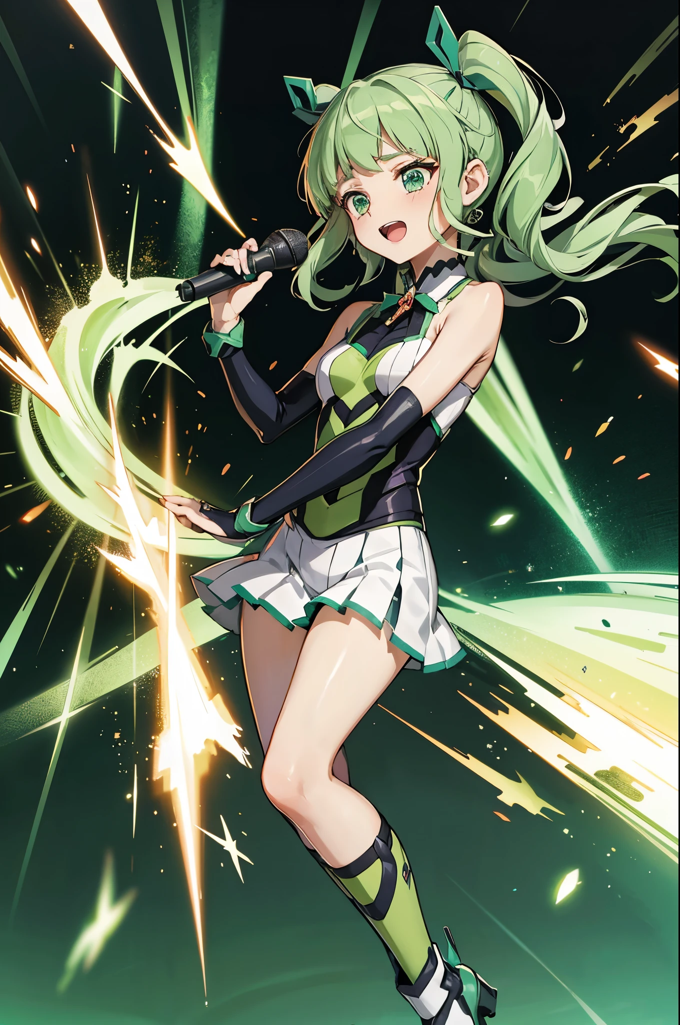 ,aikatsu,1 girls,in senki zesshou symphogear style , Green long hair,Twin tail,Green and Black battle suit:1.5,BREAK,ultra-definition, high resolution, ultra-detail CG,caustics, Live stage, in front of super large vision, singing, stand microphone ,