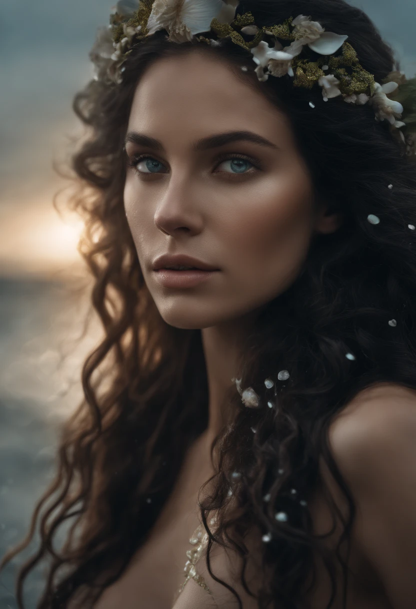 fantasy creature clothing made with marine floral nature that mimic shells, scales skin, algae details with different types of shells on body, (mermaid:1.1), top shell brassiere, waist length portrait, collar bones with skin turquoise scales, cover body with scales and shells, posing, very black hair, very long wavy hair, very thick hair, many freckles on the body, skinny body, (many freckles on the face), half body under the water on sea, seducing with a glace, dark around the eyes, gray eyes, half face in shadow, wet body, wet hair, pale skin color, mainly cloudy, fog, photorealistic eyes, detail face, detail backgrounds little blur, reflection from wet, not much light on models, light gold lights, correct shadows, HDR, Ultra 4K, photo realistic, professional photo, modelshoot.