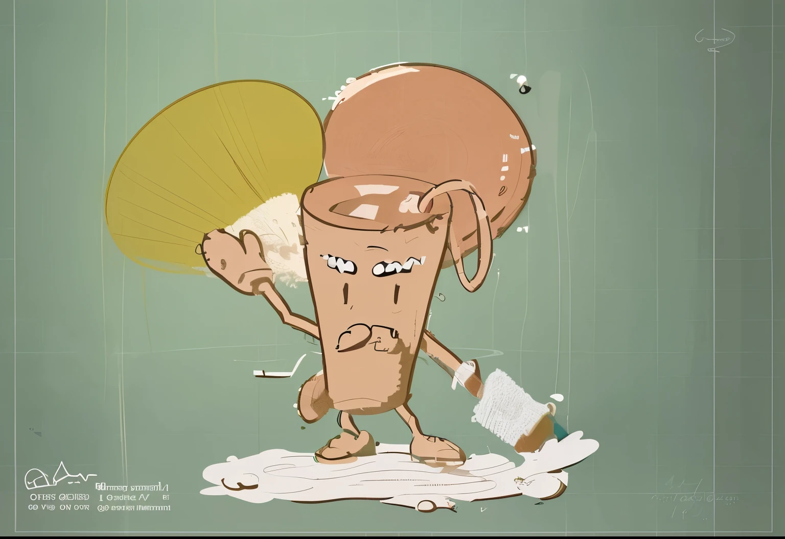 Sketch of loofah cartoon character holding bath towel and pot washing stick, Cereal Loofah Mascot, Characters are covered in threads, Characters based on Haggis, Official illustration, Sketch illustration, Warm colors, old sketch, roughly, Ink and screen tones, cell shadow, stylized lines, sticky tar. concept art, Mesh tone shading