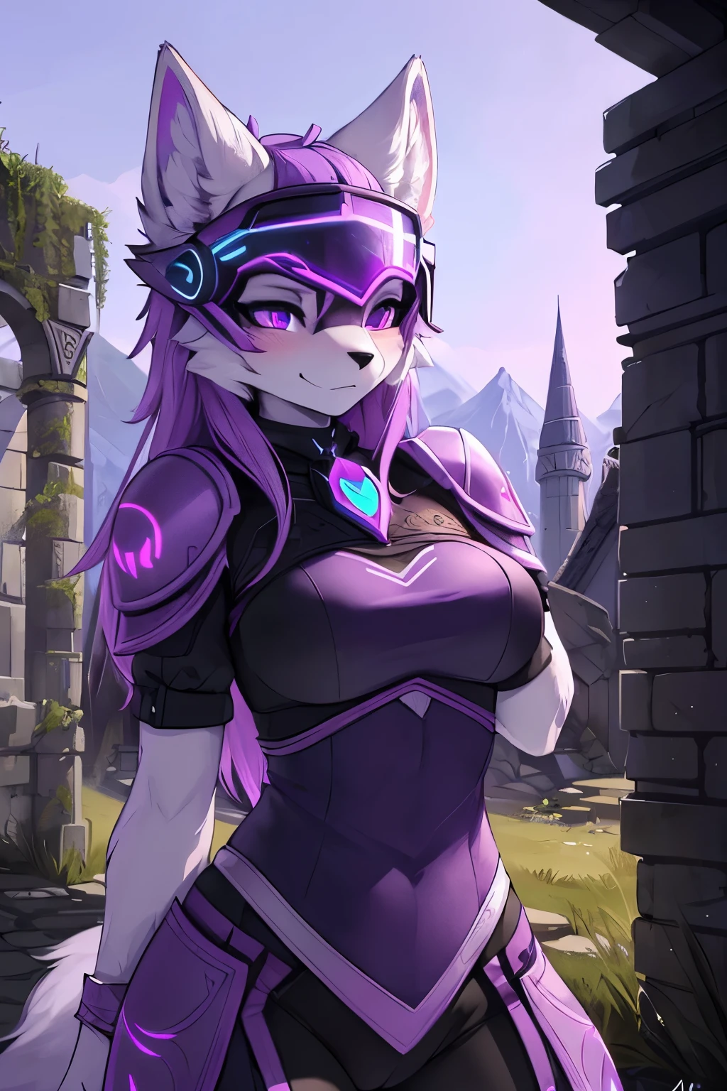 ((best quality, masterpiece, perfect anatomy, detailed picture)), 1female, arctic protogen, arctic fox, long visor, purple visor, purple eyes, sexy body, ((hair purple neon color)), Nightingale armor, (Skyrim), fluffy tail, red blushing, shy, in the ruins,