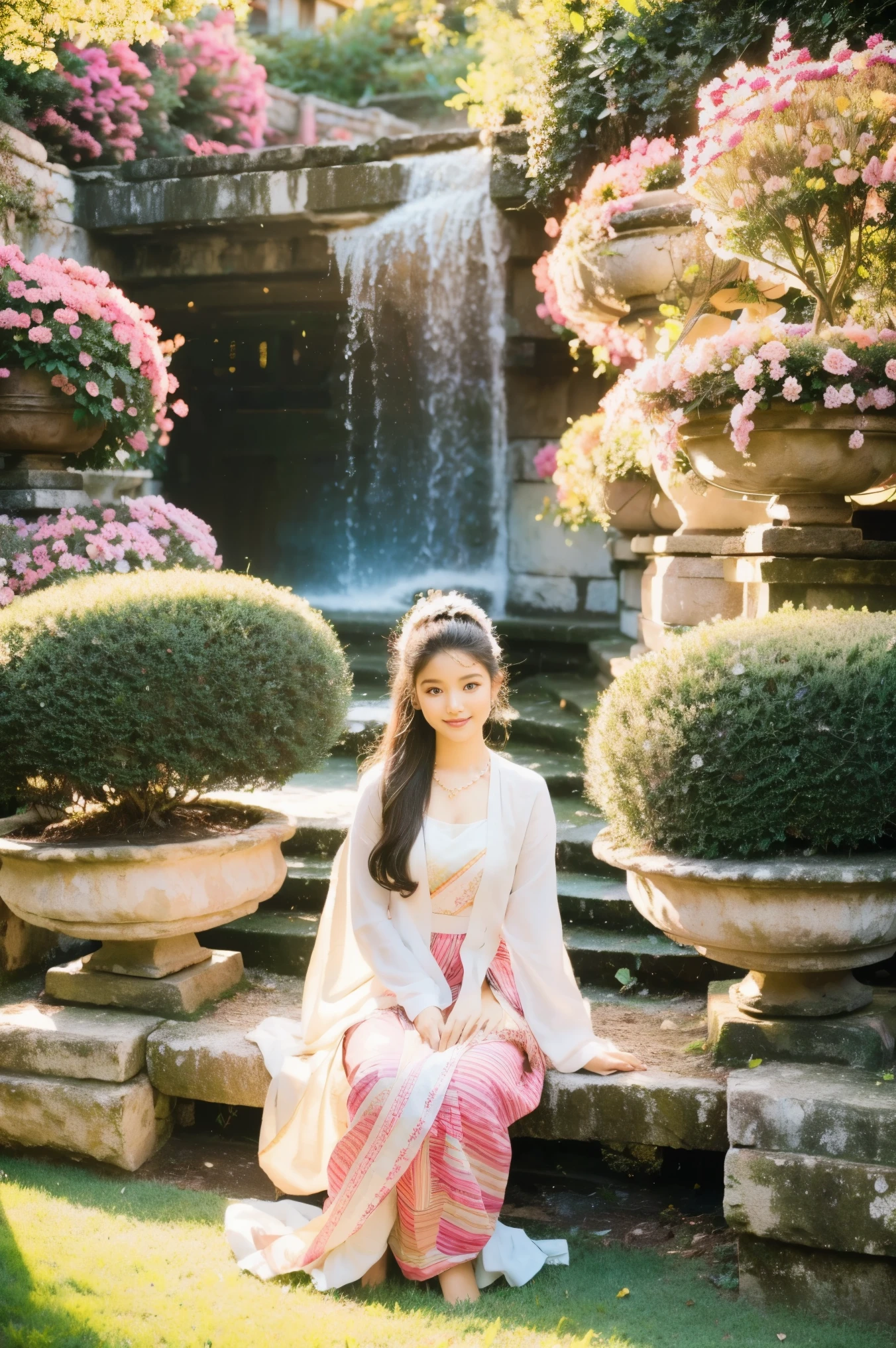 A girl in a colorful garden, surrounded by blooming flowers and lush green grass, basking in the warm sunlight. She has bright, expressive eyes that sparkle with joy and curiosity, with long, fluttery eyelashes that enhance her mesmerizing gaze. Her lips are beautifully detailed, with a gentle, natural pink shade. She has a radiant smile, radiating happiness and contentment.
The girl is wearing a flowing, pastel-colored dress that matches the vibrant hues of the garden. The dress is made of soft, lightweight fabric that gracefully sways with her every move. It adds a touch of elegance and femininity to her appearance.
In the background, there is a picturesque landscape with towering trees, creating a sense of tranquility and serenity. The sunlight filters through the leaves, casting a warm and gentle glow on the scene. The colors are vivid and vibrant, adding to the overall beauty of the garden.
The image quality is of the highest standard, with every detail exquisitely captured and displayed. It is a masterpiece, with ultra-detailed features and a realistic, photorealistic rendering. The colors are vivid, with a wide range of tones and shades, creating a visually stunning effect. The lighting is carefully crafted, with studio lighting providing the perfect illumination to highlight the girl's beauty and the garden's splendor.
The artwork is reminiscent of a traditional portrait, capturing the essence of the girl's charm and innocence. It has a timeless quality to it, evoking a sense of wonder and nostalgia.
The color palette is vibrant and full of life, with a harmonious blend of pastel shades and bold, contrasting colors. It creates a visually captivating experience, drawing the viewer into the enchanting world of the garden.
Overall, the prompt aims to generate a visually captivating image of a girl in a beautiful garden. The emphasis is on the intricate details, high image quality, and vivid colors, creating a realistic yet dreamlike portrayal of the scene.