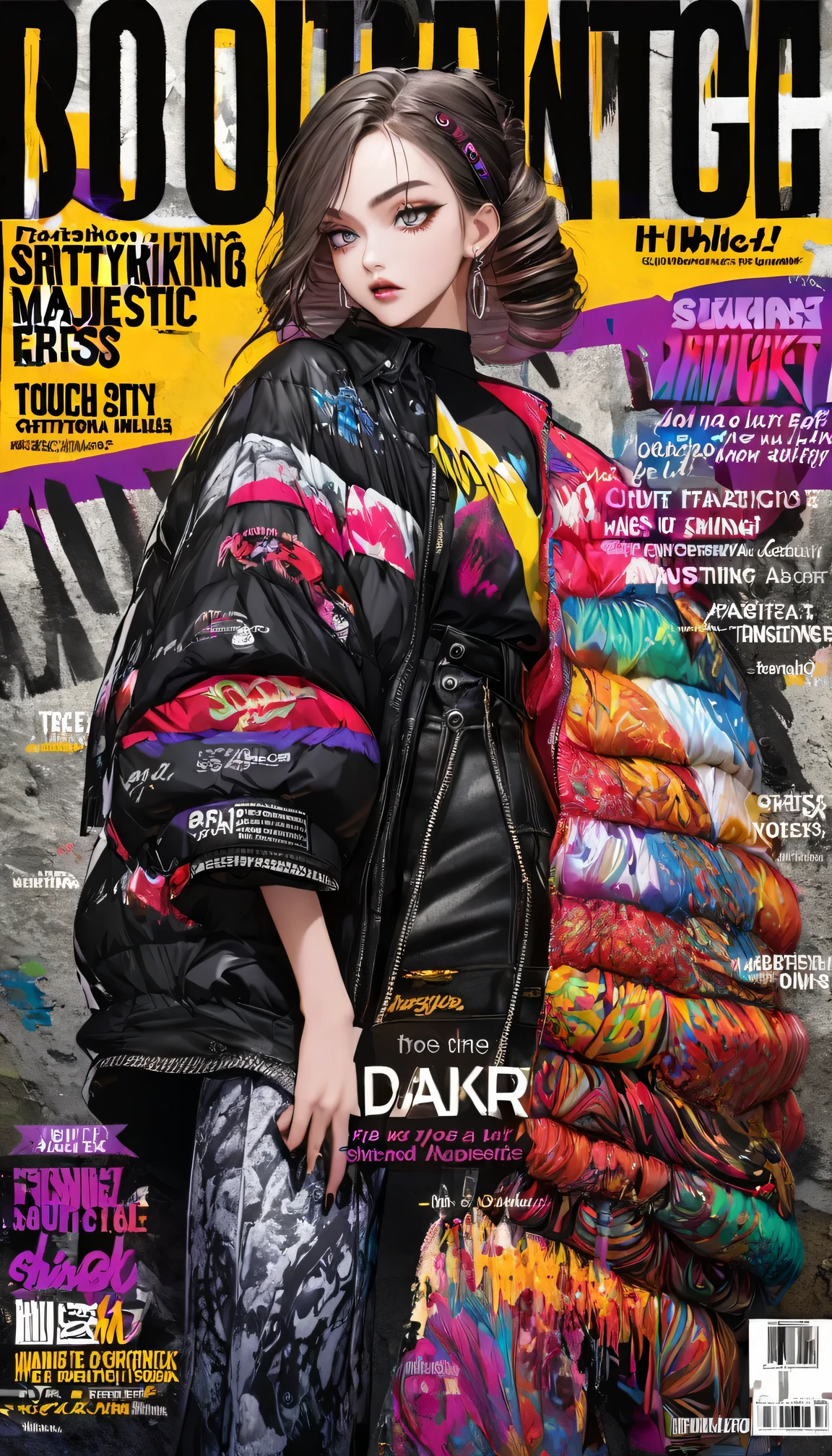 Fashion Magazine cover：A handsome female model, ((((dramatic))), (((Gritty))), (((intense))) film poster featuring a young miss as the central character. She stands confidently in the center of the poster, wearing a fashionable and edgy Full set of equipment, with a determined Express on her face. The background is dark and Gritty, with a sense of danger and intensity. The text is big胆的 and striking, with a catchy tagline that adds to the overall feeling of drama and excitement. The color palette is mainly dark with splashes of Full of energy colors, giving the poster a Dynamic and visually striking appearance,vertical painting (Magazine:1.3), (cover-style:1.3), Fashionable, miss, Full of energy, Full set of equipment, posture, front, colorful, Dynamic, background, element, confident, Express, Keep, statement, Accessories, majestic, coiled, about, touch, Scenes, text, cover, big胆的, striking, title, fashionable, font, catchy, title, big, striking, modern, trend, focus, Fashion,