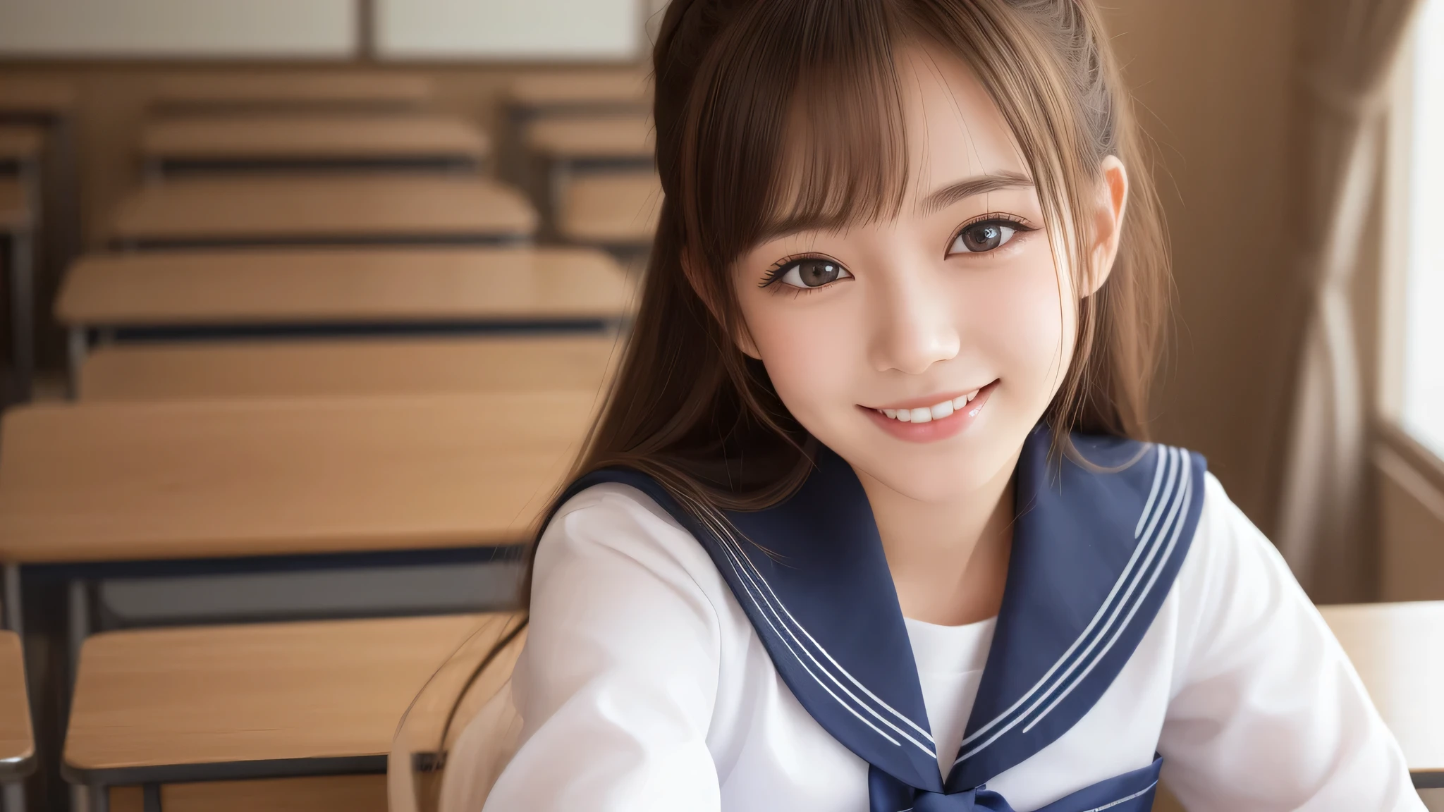 1girl, cute, 16 years old, smiling, look at viewer, sailor uniform, seifuku, photo, realistic, best quality, hires, detailed face, classroom, detailed background, diffused lighting, depth of field, bokeh