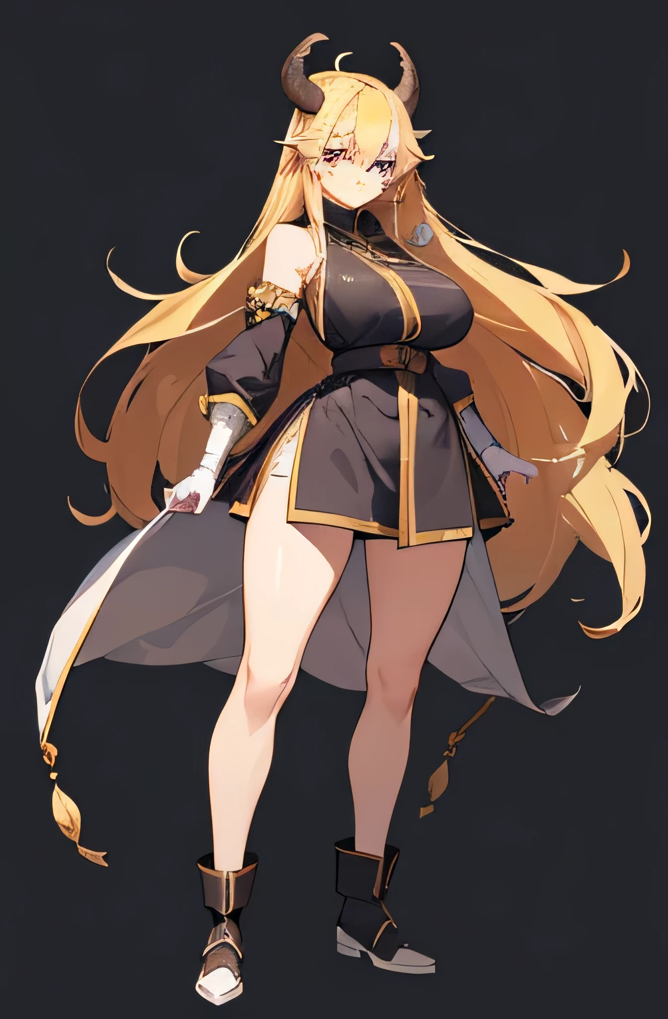 The eyes and head are quite small compared to the body, and long limbs. Castlevania style full body color dot painting.、dynamic way of standing、minotaur monster girl、Pixel art of an anime-style girl with big yellow cow horns on her head.、Cream long hair、Western fantasy style female sisters'clothing、shrine maiden'clothing、monk soldier mongirl、256×256 dot picture、very big breasts、Plump lower body、Equipped with a large iron ball with a chain attached..、don't wear socks、I'm wearing ankle-length short boots.、Full body illustration、In his left hand he holds an iron ball weapon with a chain attached..、battle pose、priest'Uniform with exposed shoulders and legs