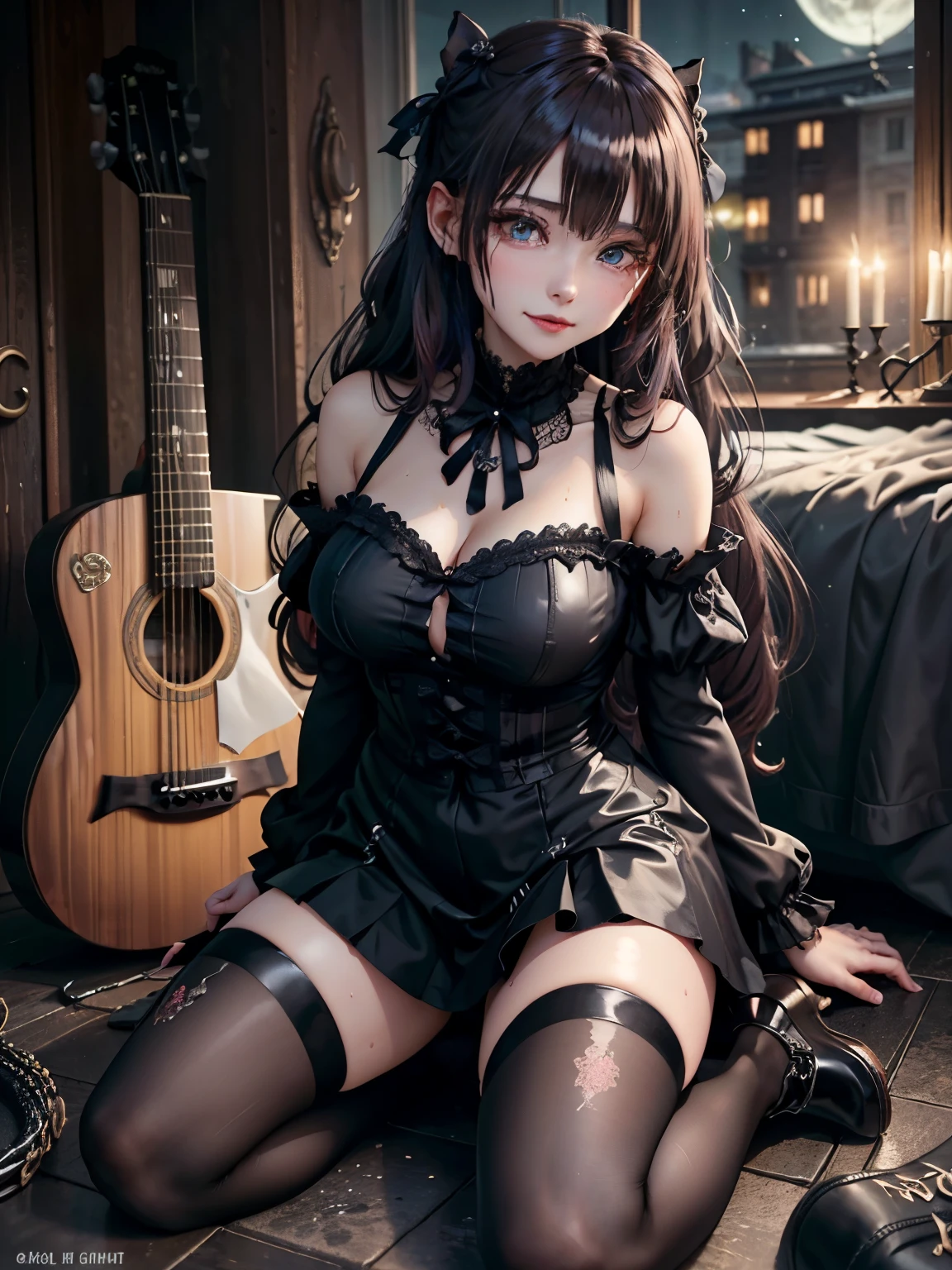 ハードdark gothicメイク、Insanity、deep night sky、horror、black dark eyeshadow、cry、grieve、good skin shine、dark gothicメイク、dark smile、Restless Palace、expression of sexual excitement、fragrant beauty、22 years old、Lie down、lure、expression of intense sexual pleasure、A look of shame、dark gothic、Gothic ta、bell sleeve、wizard sleeve、lewd expression、Stained glassが背景、muste piece、best quality、Refers to 5 books、Sweat glistens on my chest、Expression of sexual pleasure in suffering、drunk face、Maid clotheysterious、Noble、A face that is holding back the toilet、flirty gothic clothes、body is wet and shiny、Super sexy、Lots of glitter on the thighs、i am sweating a lot、loving smile、twin tail hair、my thighs are so wet、jet black ruffle skirt、shaded、right blue eye, left eye is red、Sit on a gothic bed covered in roses、Super bewitching pose、Gravure shooting、knee high socks、thigh high socks、A lot of sweat and stickiness on the thighs、Plenty of plump, shiny thighs、Sweat glistening on your thighy whole body is shiny with sweat、glamorous、platform heel shoes、pretty sweaty、My thighs are sweaty、dark makeup、Chest size is modest、black lipstick、重厚感のあるdark gothicロングドレス、bright pink hair、long hair straight hair、Stained glass、black metal world、open your legs sloppily、her thighs are a little glamorous、play black guitar、guitar girl、play guitar、guitar playing、gothic guitar、