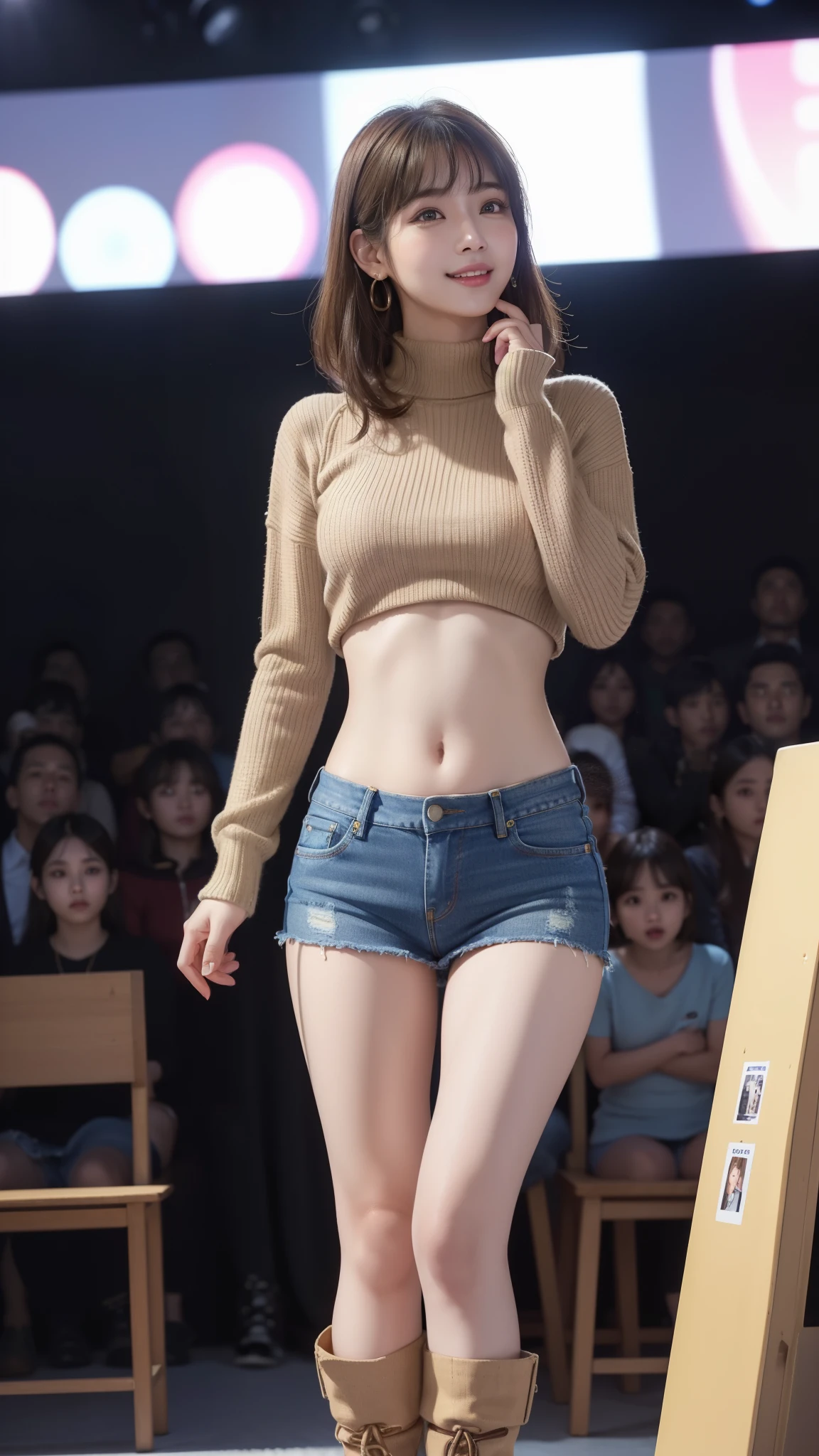 extremely detailed CG unity 8k wallpaper, best quality, ultra-detailed, masterpiece, realistic, photo realistic, extremely detailed cute girl, 20years old, (((skirt lift by myself))), (lifted by self), panties , panties focus, blush, parted lips, looking at viewer , half body shot , (crowd), (crowded museum) , short bob cut