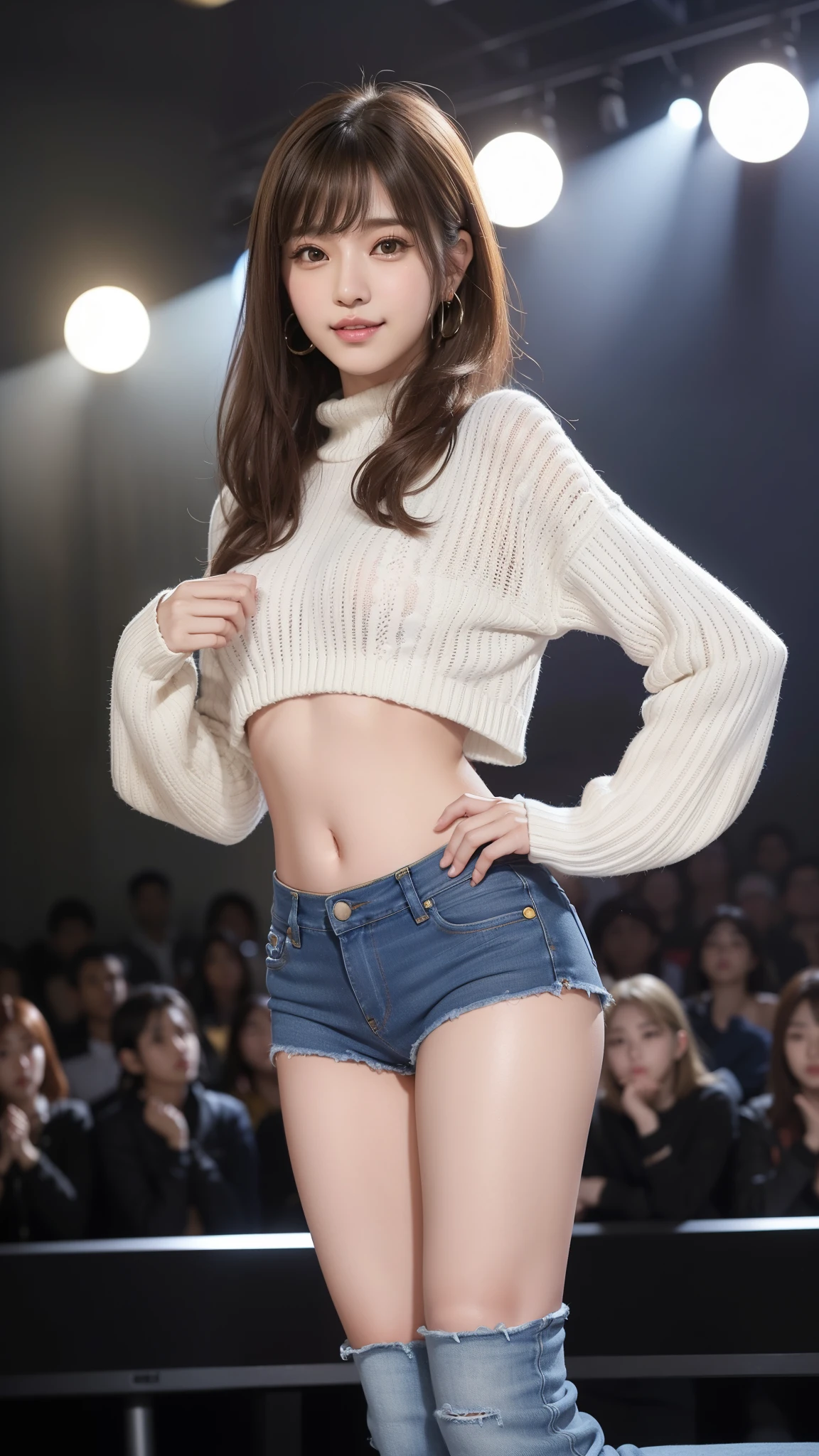 8k, table top, Raw photo, highest quality, realistic, Wallpapers with extreme details CG Unity 8k, Depth of the bounds written, cinematic light, Lens flare, ray tracing, (very beautiful face, beautiful lips, beautiful eyes), face with intricate details, ((ultra detail skin)) 1 girl, (Korean model Kim Da-eun, Dhoni), (Korean model Kim Da-eun, Dhoni), (Korean model Kim Da-eun, Dhoni), (Korean model Kim Da-eun, Dhoni), (Korean model Kim Da-eun, Dhoni),1 girl, ((look up at the audience)),(A big smile:1.3), (blurred background), faint light), (no people in the background.:1.3), beautiful earrings, clear eyes, front shot, (pale skin), (Big eyes), (Big eyes) (Big eyes), (Big eyes), (Big eyes), facing forward, (full body shot), (light brown hair), おopen the navel............, (look up at the audience:1.3), small hips, small hips,small hips, thin waist, small hips, ((wide open abdomen))、((open abdomen))、((wide open the navel))、((open the navel))、((naked belly))、((midriff sweater))、((Super low-rise、denim mini skirt))、 ((Navel exposed))、((small hips))、((full body description))、((small hips))、(boots)、((Super low-rise))、 ((denim tanding))、
