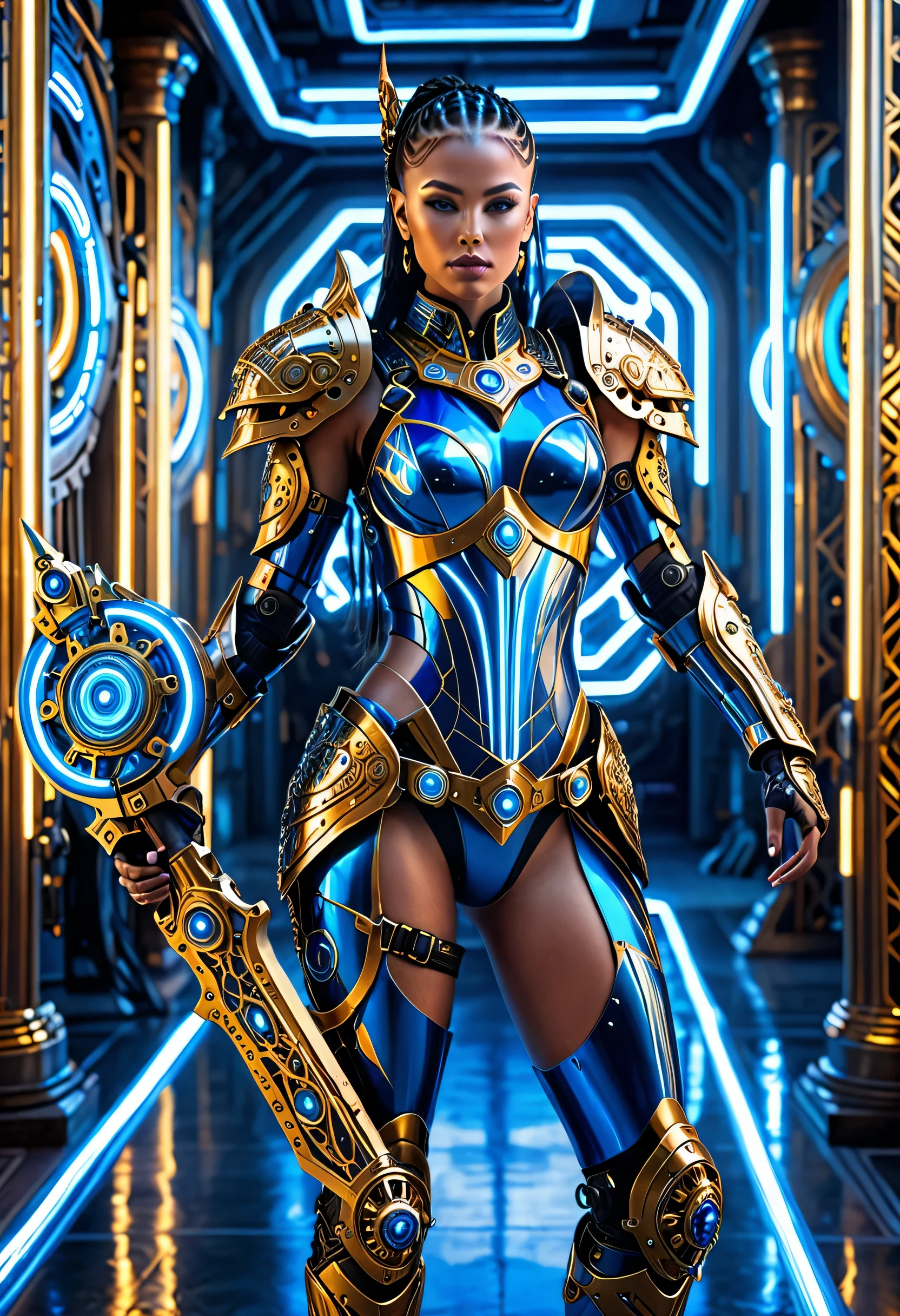 female warrior of the future, Dressed in blue and gold armor, Posing confidently while holding a chain weapon. Her cybernetic enhancements are noticeable in complex mechanical environments.., Brightly glowing neon accents. The reflective metal surface beneath her reflects her strong and determined stance... Surrounding her are the buildings of advanced civilizations.., Decorated with interlocking gears and intricate circus-like patterns.. The scene is filled with soothing blue ambient lighting., Add a surreal atmosphere. This digital rendering is available in HDR Ultra Hyper Realistic 16k resolution.., fill 16:9 screens with intricate details