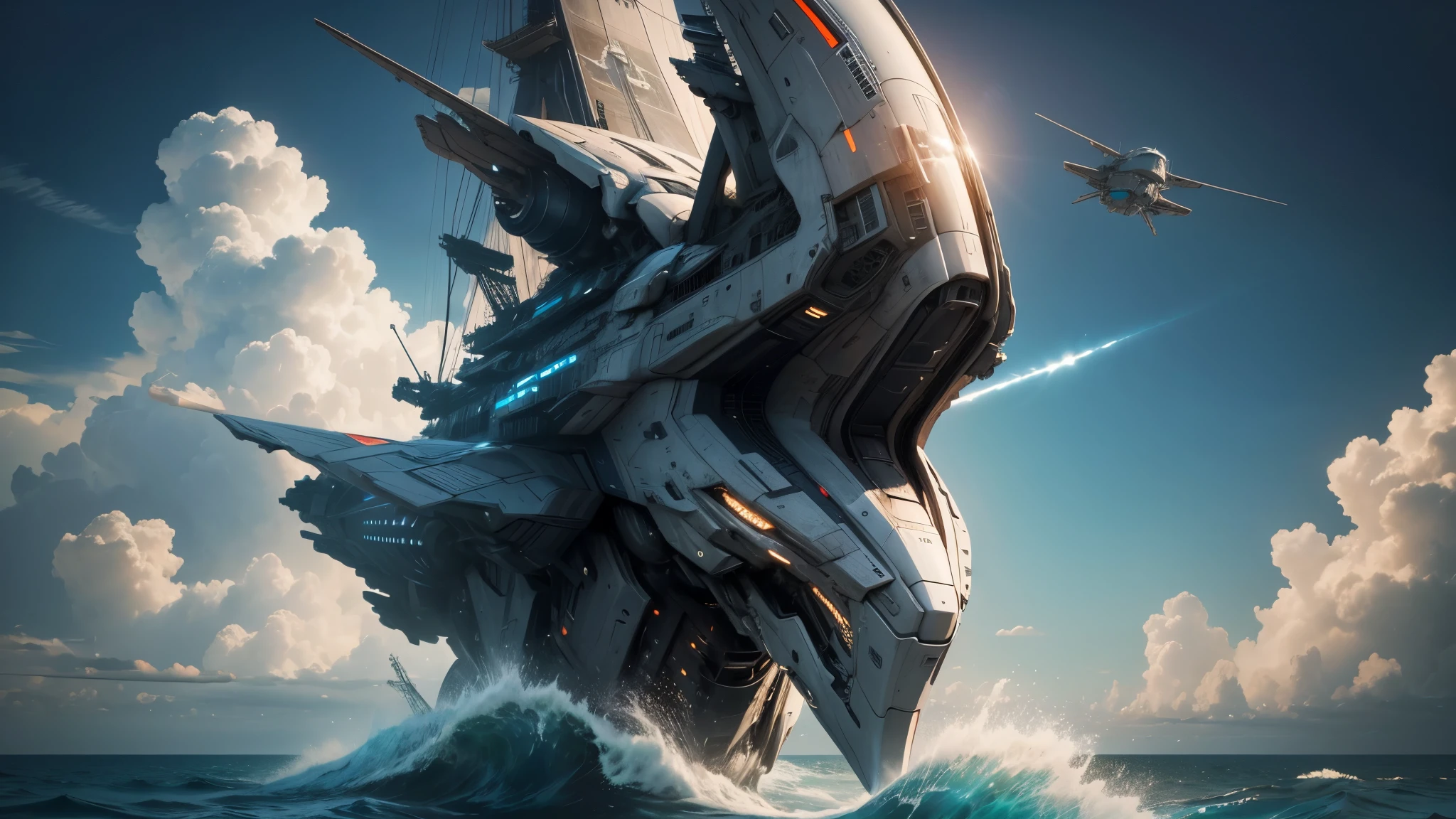 good quality, ultra high resolution,masterpiece, 8K,(reality,detail)A spaceship emerges from the sea,Flew into the sky