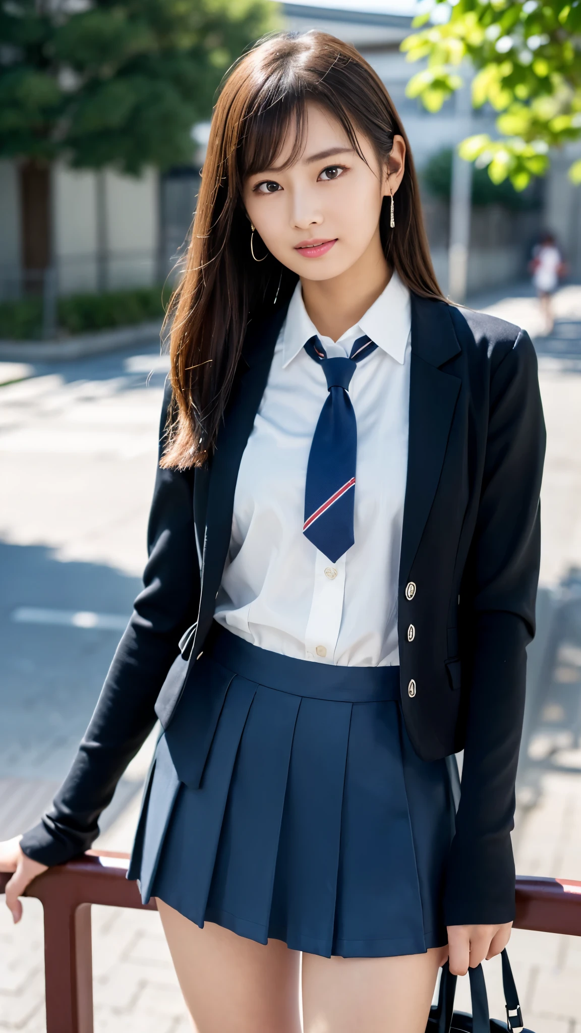 mix 4, (16k, Raw photo, best image quality, masterpiece: 1.45), (realistic, Photoreal: 1.37), tall girl, cute, cityscape,, professional lighting, photon mapping, school classroom, Physically based rendering, dark brown hair,ponytail hairstyle, well-groomed and beautiful eyes、((double eyelid))、super cute girl, (((school uniform、blazer、Long-sleeved shirts worn by Japanese high school girls、ribbon tie、dark blue mini skirt,、dark blue socks、black loafers))), highest quality photos, High resolution, 1080p, (clear face), (Detailed facial description), (detailed description of hands), (masterpiece), (Detailed CG)、extreme light and shadow、messy hair、master work、Rich details、(detailed facial features)、(highest quality photoasseter muscle part)、(detailed eye)、look in front of you、thin clavicle、((slender and big))、(((Japanese female students wear jackets and long-sleeved shirts)))、((neat idol))、((school gate、schoolyard、With the school building in the background))、(Take photos from random viewpoints)、(((cute like an idol)))、earrings、big smile、Draw the whole body from the knees、Do not draw fine lines、(((Sports bags used by Japanese female students)))、(Big big breasts with big drooping:1.2)、big firm butt、two arms、two legs、(((from the front:0.7)))、bare hands、(((symmetrical eyes)))、standing pose、please put your hands on the desk、Do not remove the tie from the jacket、raise your butt:1.5，Raw sex:1.5，