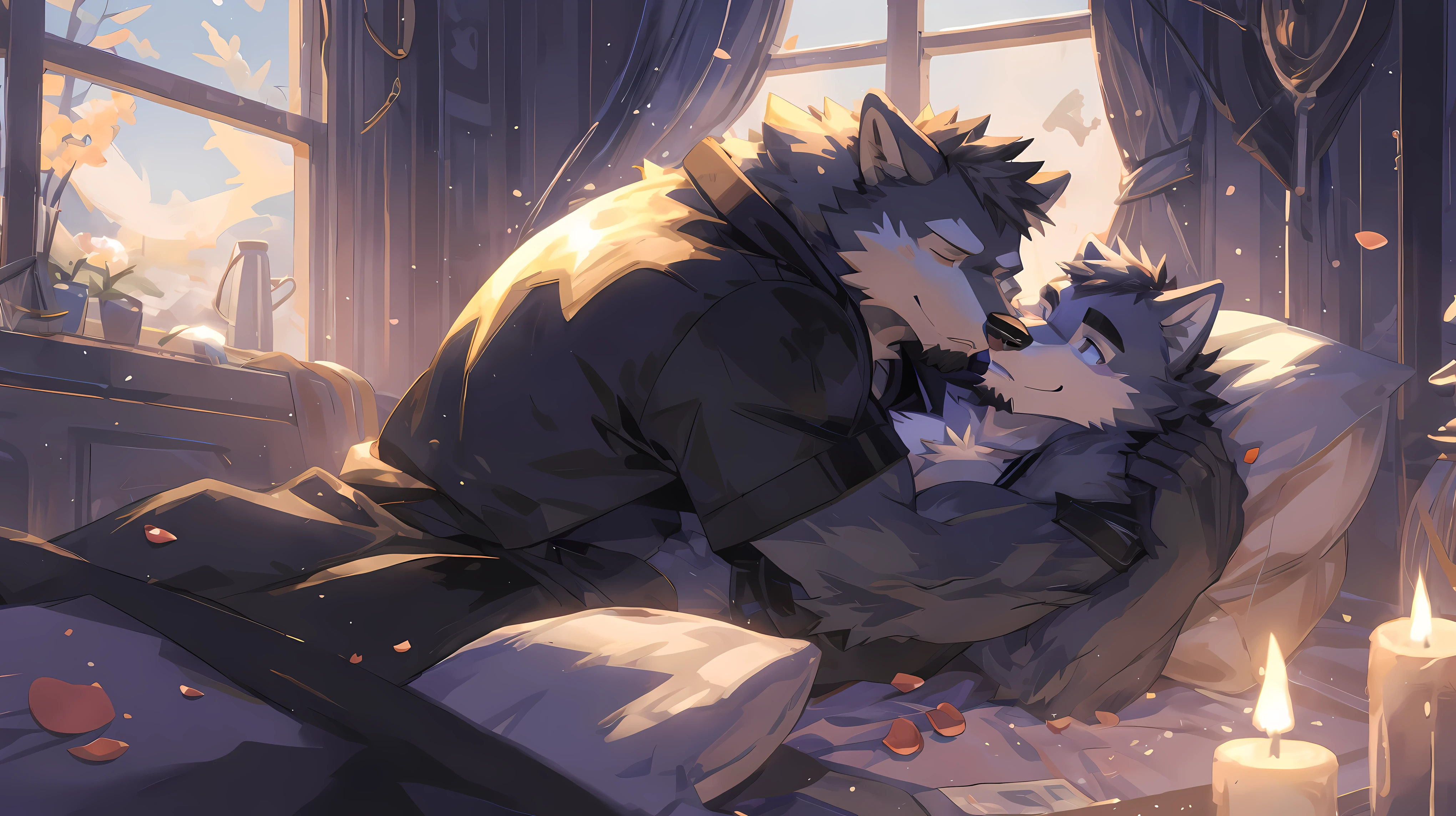 (masterpiece:1.2), best quality,pixiv,official art,(Ray tracing, light), (flower petal in the sky :1.3), (2_male:1.3) , (muscle), (gray fur:1.4), (a muscle bear and a muscle wolf:1.3), (30 years old), (beard:1.2), (gleaming golden eyes), Thick eyebrows, night-robe , full body , indoor , bedroom, French window, hugging , cuddling , sleeping in bed
