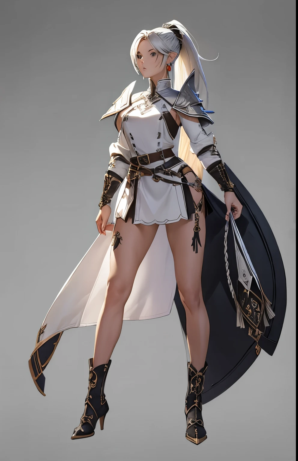 ((masterpiece, best quality)),concept art, woman,, Detailed face，pointed ears, full body details, full of details, Very detailed, depth, many parts, White single ponytail，Ranger。beautiful woman, muscular body, leather armor，Sackcloth clothes, leather bags，belt。（Blade and Soul style）High heel,jewelry, braid, earrings,White background，standing posture。