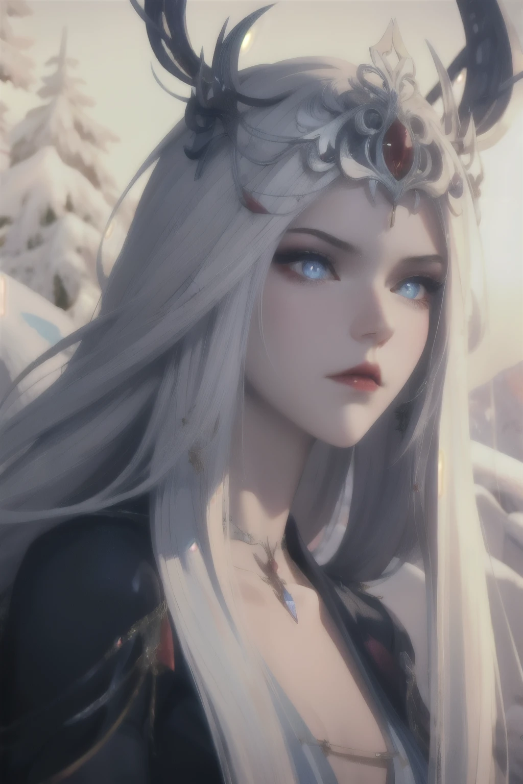 Girl, long white hair with curls, small and tall, 20 years old, goddess beauty face, snow-white skin, sexy body, black clothes, blue eyes, cold gaze,and cold expression. Dark femme energy, and blood red lipstick. Better quality and details