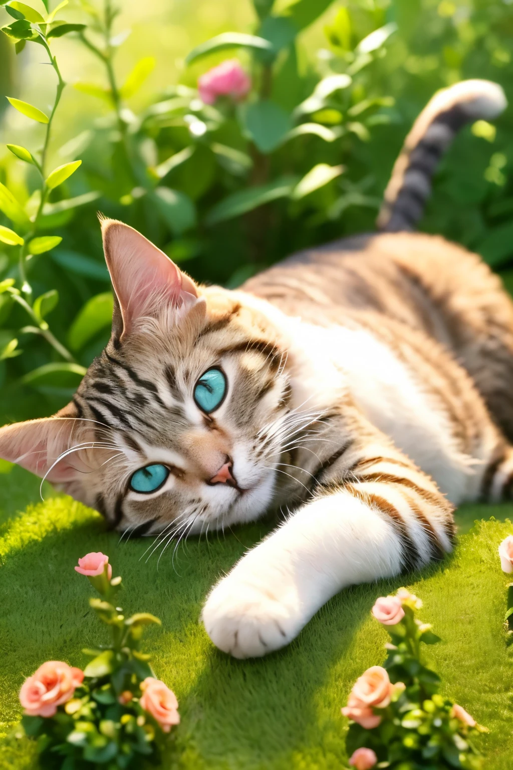 (Masterpiece: 1.1), (Vertical version 3:4: 1.0), (High definition: 1.2), (Cute little cat: 1.1), lying in (detailed: 1.3), (flower bushes: 1.4), enjoying the (vibrant: 1.5), (lazy afternoon sunshine: 1.3),

The sunshine is bright and clear, casting beautiful highlights on the cat's soft fur. Each strand of fur is visible, making the image ultra-detailed and lifelike. The bright, high-definition photography captures every detail of the scene, from the petals of the