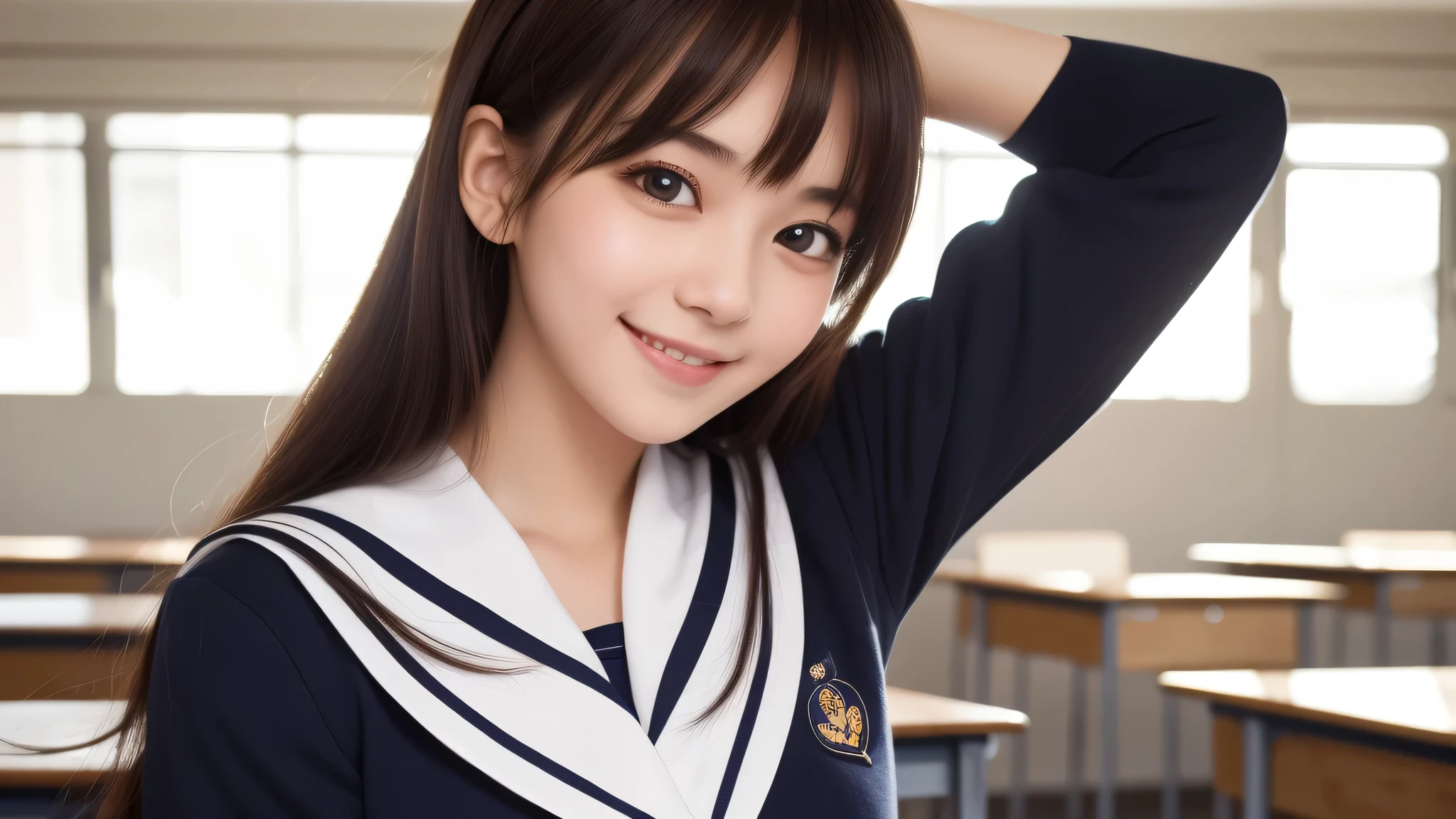 (1 girl), 18-year-old, (big round eyes), (cute dimples), enchanting smile, (sailor suit:1.2), (highest quality: 1.4), (Super detailed), (highest quality:1.4), (Super detailed), evening, very high resolution, (Upper body), close up face, (School, classroom), School anime, anime illustration,