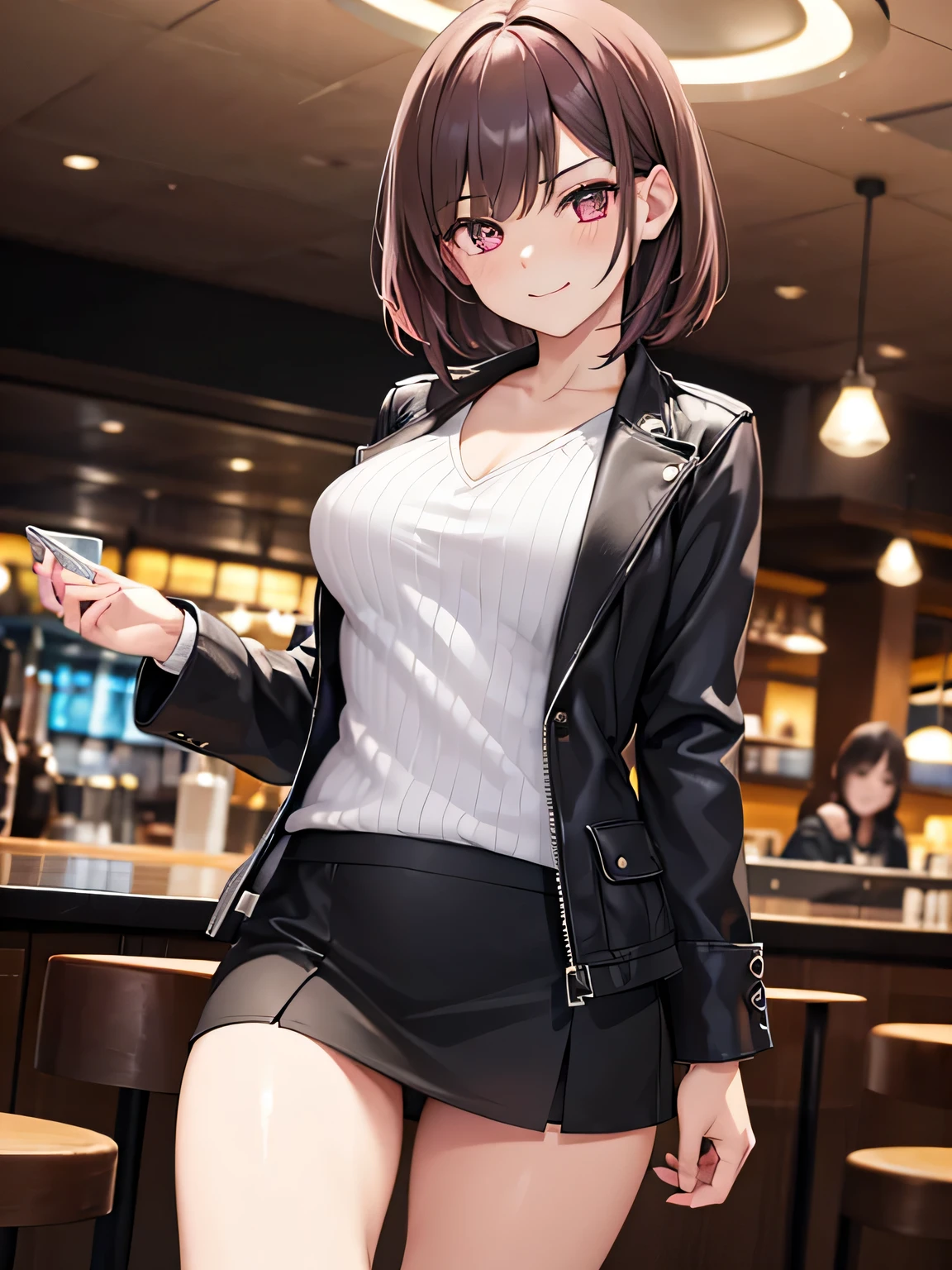 (1) there is a woman, She lifts up her skirt to show her beautiful legs.
(2) She is standing, I want you to draw the whole body with legs visible..
(3) woman is wearing a gray jacket, Inner is long sleeve V neck knit, Gray box pleat miniskirt comes with jacket, she wears knee-high black boots.
(4) The visible pants have a flashy pink pattern, and
(5) woman has short brown hair, shining eyes, and a provocative, a grin on her face,
(6) The place is a cafe restaurant.,
(7) highest quality, High resolution, realistic pictures, realistic skin,