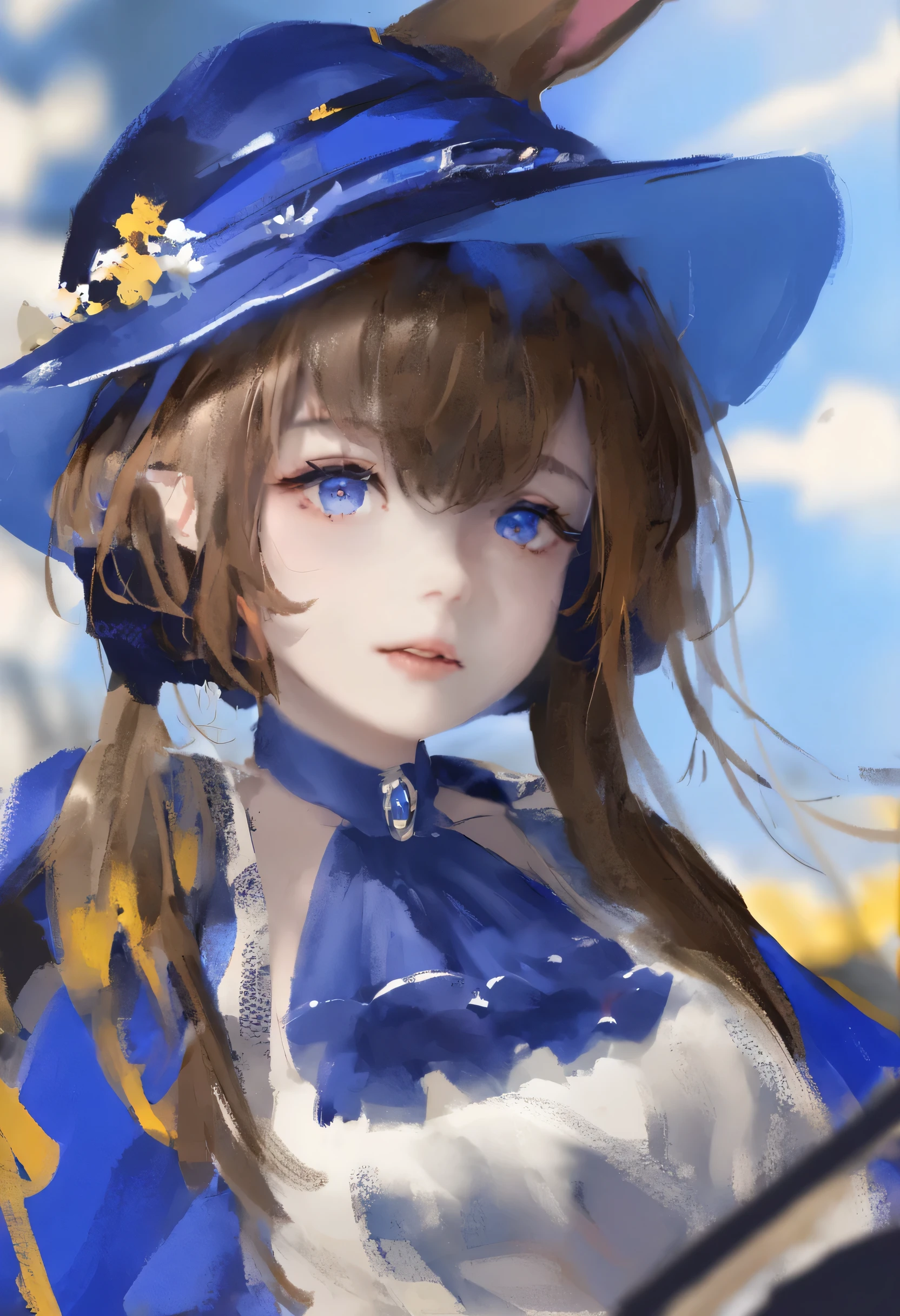 1 girl, [Swock:D] ,painting \(meDium\), many,Vincent - Van Gogh \(style\), amiyaaa \(Ark Night\), outDoors, parasol, blue sky,  faux traDitional meDia, frilleD Dress, 1 girl, Animal ears, ascot, blue ascot, blue collar, blue eyes, blue have, vague, brown hair, collar, Depth of fielD, ears through heaDwear, hair between eyes, hanD on heaDwear, have, heaDphones, Jacket, long hair,  looking at the audience, parteD lips, ponytail, Rabbit ears, shirt, siDelocks, simple backgrounD, alone, traDitional meDia, upper boDy, white shirt