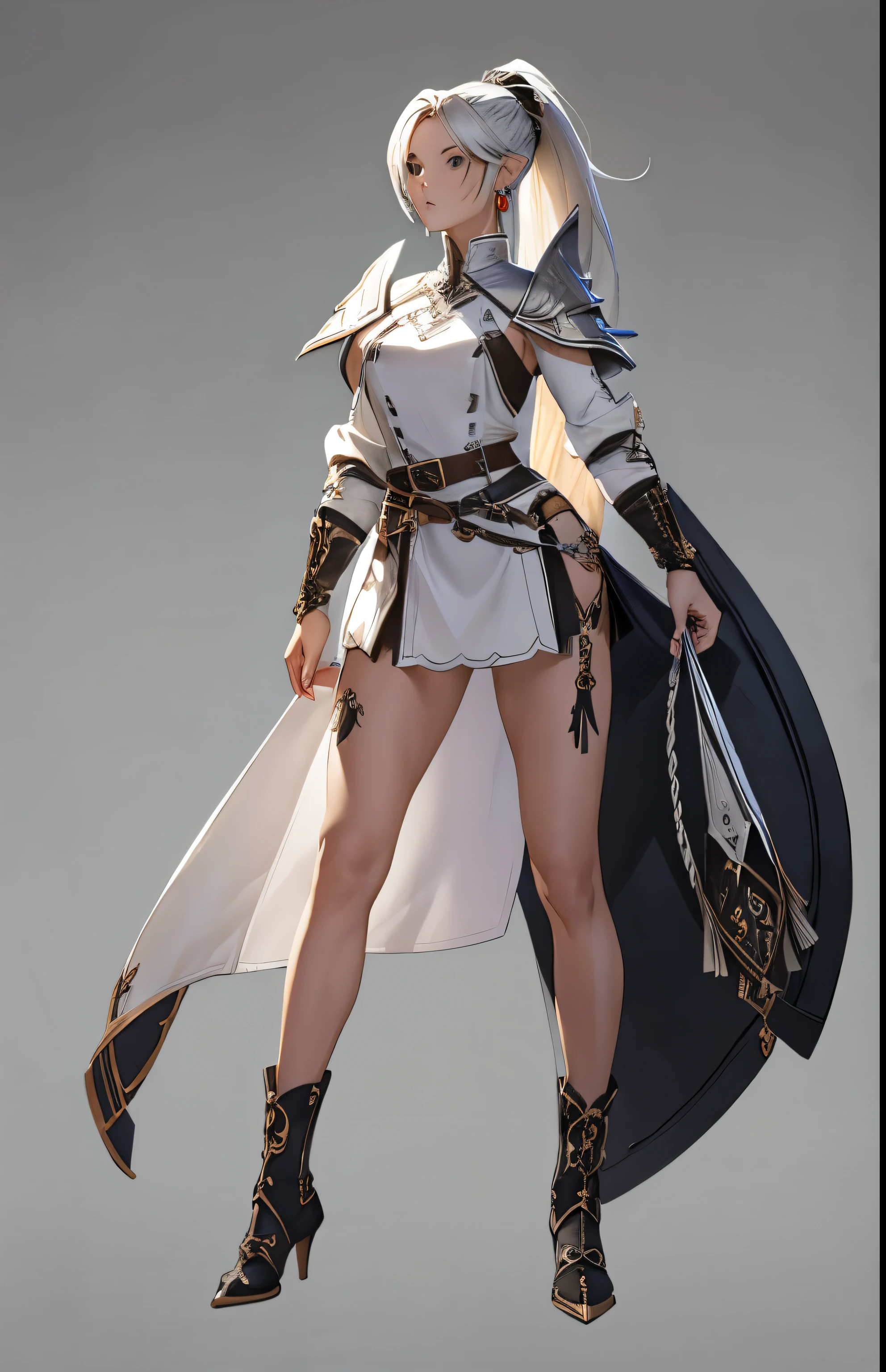 ((masterpiece, best quality)),concept art, Miss,, Detailed face，pointed ears, Full body details, full of details, Very detailed, depth, many parts, White single ponytail，Forest keeper。beautiful Miss, muscular body, leather armor，Sackcloth clothes, leather bags，belt。（blade and soul style）High heel,jewelry, braid, earrings,White background，standing posture。