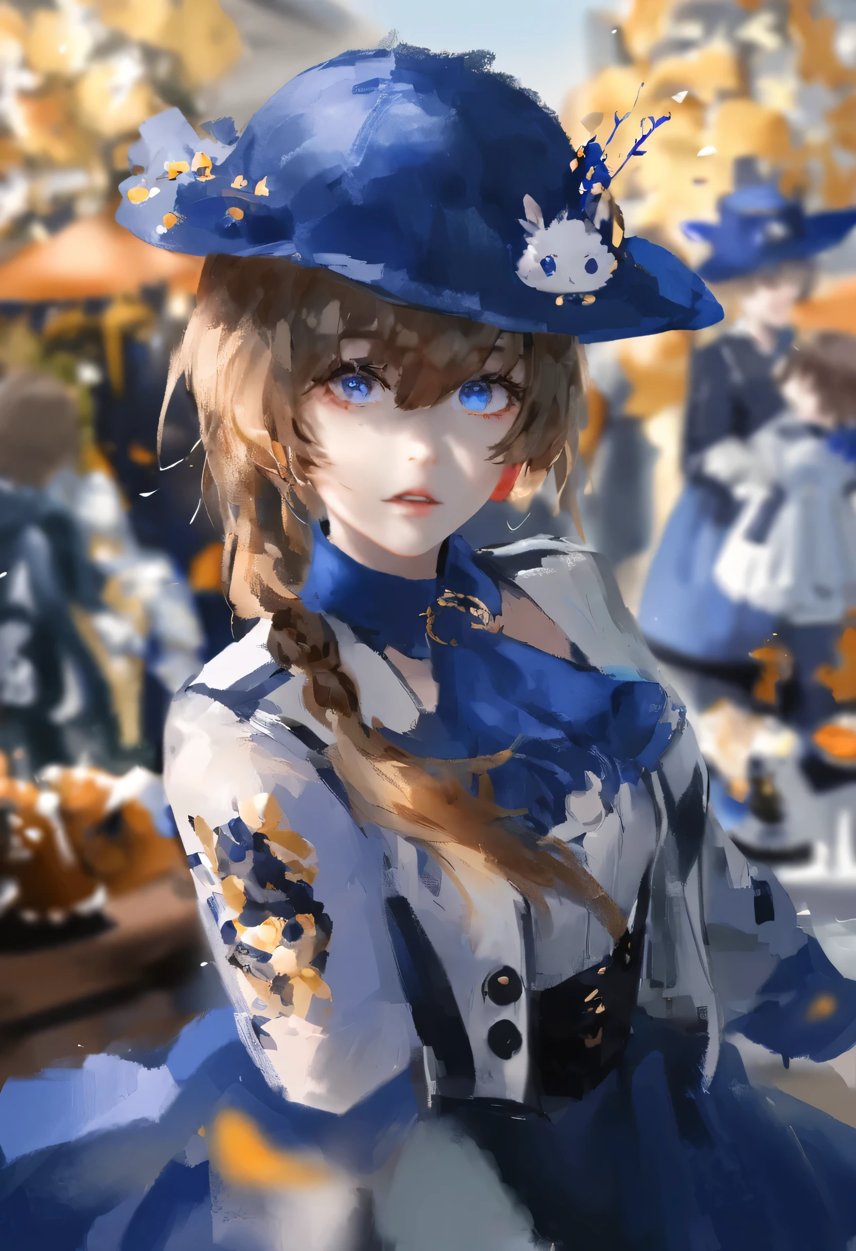 1 girl, [Swock:D] ,painting \(meDium\), many,Vincent - Van Gogh \(style\), amiyaaa \(Ark Night\), outDoors, parasol, blue sky,  faux traDitional meDia, frilleD Dress, 1 girl, Animal ears, ascot, blue ascot, blue collar, blue eyes, blue have, vague, brown hair, collar, Depth of fielD, ears through heaDwear, hair between eyes, hanD on heaDwear, have, heaDphones, Jacket, long hair,  looking at the audience, parteD lips, ponytail, Rabbit ears, shirt, siDelocks, simple backgrounD, alone, traDitional meDia, upper boDy, white shirt