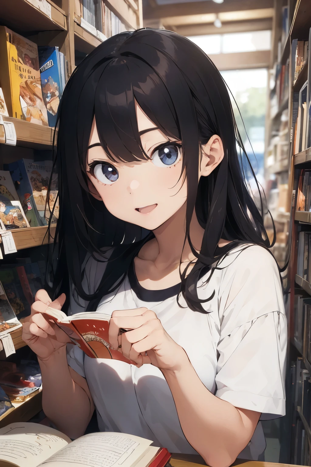 ((highest quality)), ((masterpiece)), (be familiar with), perfect face,woman reading manga,looks fun