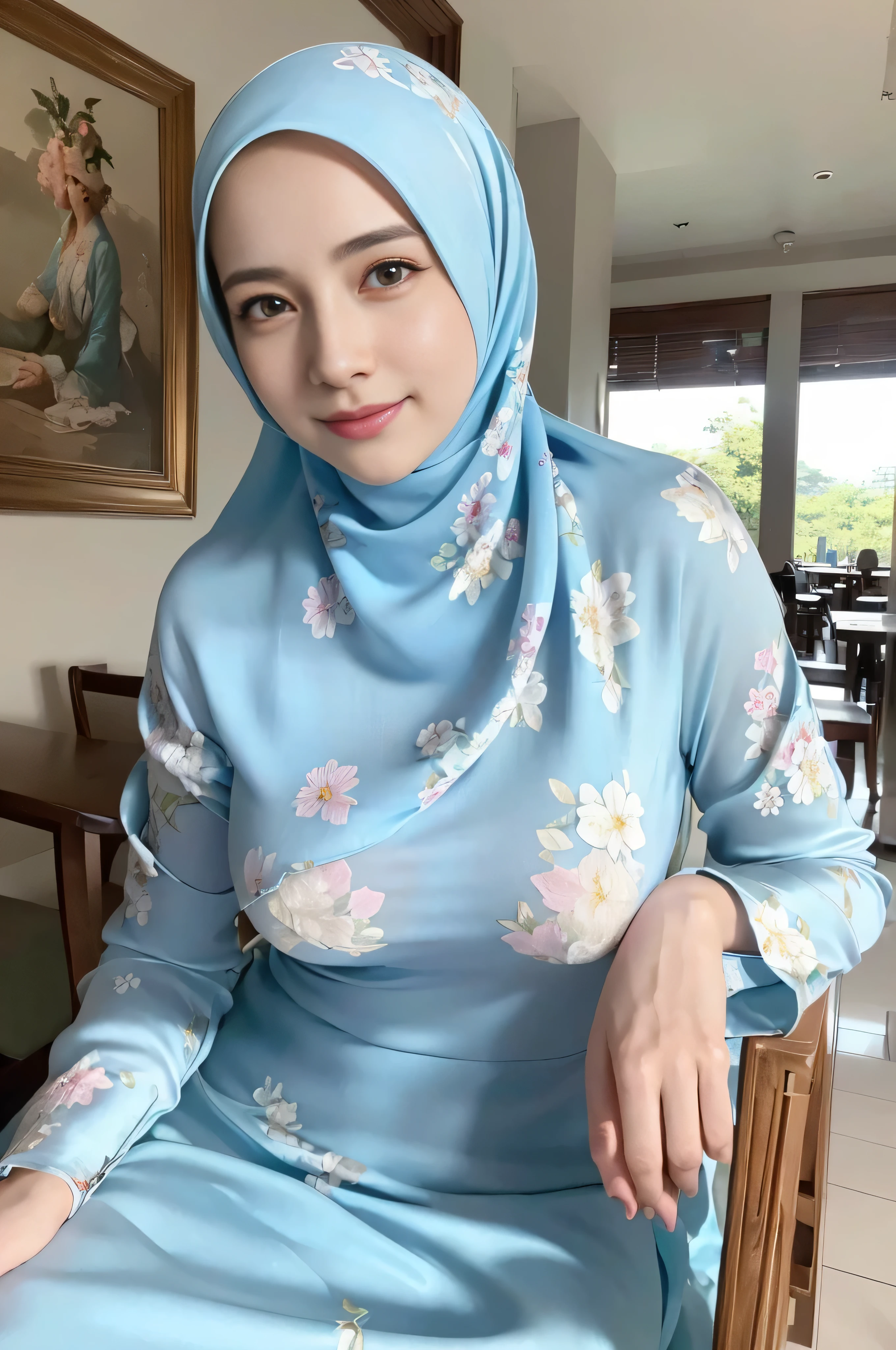 ((Marian rivera)), 30 years old, (8K, best quality:1.2), ((sitting on chair at cafe)), beautiful Smile, seduced smile,  White skin, shiny skin, (( ideal breast:1.5)), ((clodes breast)), ((No Niple)),  (masterpiece:1.37), (photo, photorealistic:1.37), (ultrahigh-res),Full Body, view from back, slow motion, (insanely detailed, bloom:1.5), (highest quality, Alessandro Casagrande, Greg Rutkowski, Sally Mann, concept art, 4k), (analog:1.2), (high sharpness), (detailed pupils:1.1), detailed face and eyes, Masterpiece, best quality, (highly detailed photo:1.1), photographed by Canon EOS R6, 135mm, 1/1250s, f/2.8, ISO 400, Realistic, 8k, ((masterpiece)), looking at the viewer,  (detailed), detailed face, white skin, Glowing Skin,  bright room, ((Wearing tight Silk light blue floral long aodai with closed hijab)), at cafe