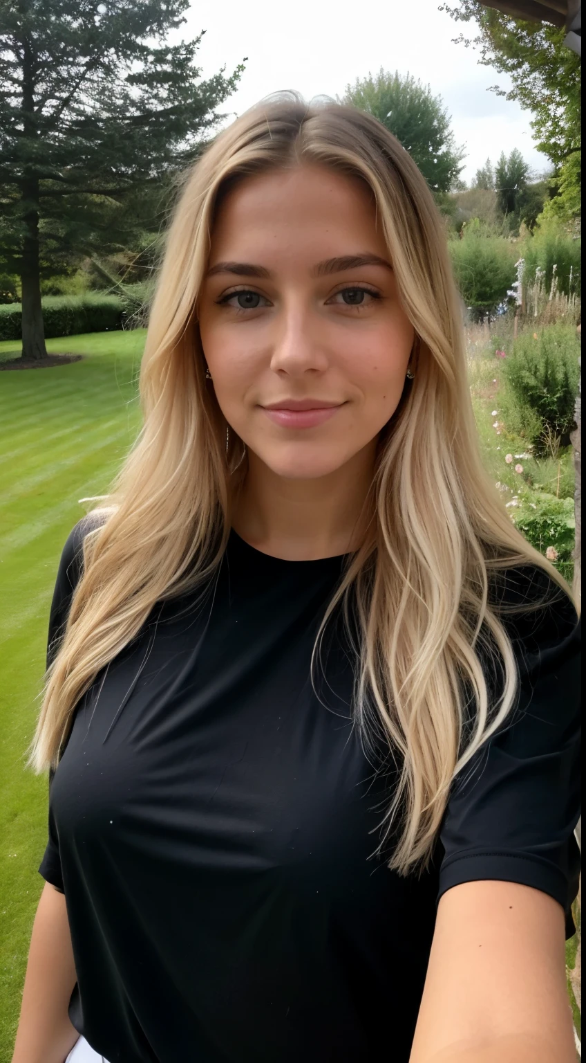 Une femme blonde de 23 ans, ((gros seins)), ((hyperréalisme)) ,. blonde hair with light brown roots. cheveux blond, Cheveux aux racines brunes, very long hair, very long hair, very long hair, beau, vue de face, Selfie, photo prise avec iPhone, elegant black shirt with escote, Coupe-bas, Selfie in the garden, high quality, Selfie iPhone, clivage, nu levrette pov 
