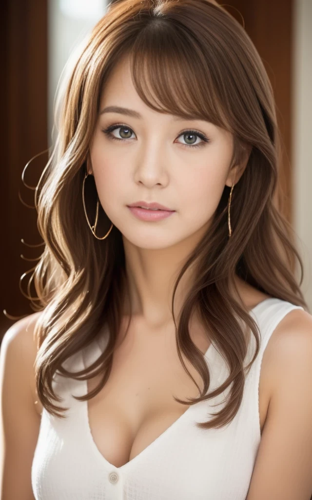 masterpiece,best quality, (one milf), ((portrait:1.5)), ((look down, looking at the viewer)), makeup, elegant blouse, wavy hair, ((pouting mouth)),