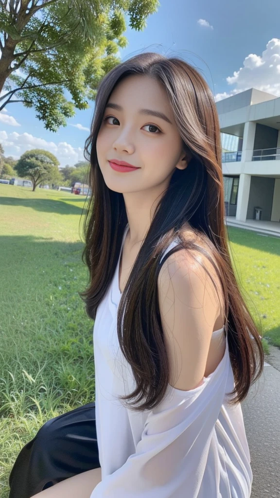 ((best quality, 8K, masterpiece:1.3)), a beautiful girl, pure, oval face, Gentle and cute, Sweet smile, pure desire, lose weight, (frontal lobe), (tilted head), looking directly at camera, , Heart, formal, Black silky long straight hair, Long hair flowing past shoulders, Big, round, black eyes, clear big eyes, moist red lips, Sweet, sitting on the roadside, Blue sky and white clouds, Grass, building,