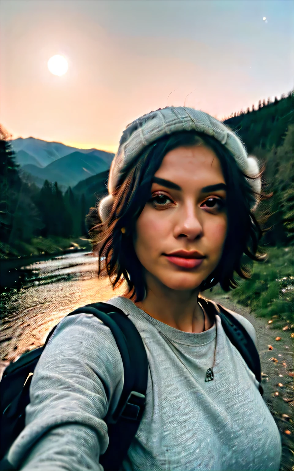 1 woman ((upper body selfie, happy)),mixed race black and white, Enchanted Forest Green hair,masterpiece, best quality, ultra-detailed, solo, outdoors, (night), mountains, nature, (stars, moon) cheerful, happy, backpack, sleeping bag, camping stove, water bottle, mountain boots, gloves, sweater, hat, flashlight, forest, rocks, river, wood, smoke, shadows, contrast, clear sky, analog style (look at viewer:1.2) (skin texture) (film grain:1.3), (warm hue, warm tone:1.2), close up, cinematic light, sidelighting, ultra high res, best shadow, RAW, upper body, with Enchanted Forest Green hair, must be mixed race skin colour brown
