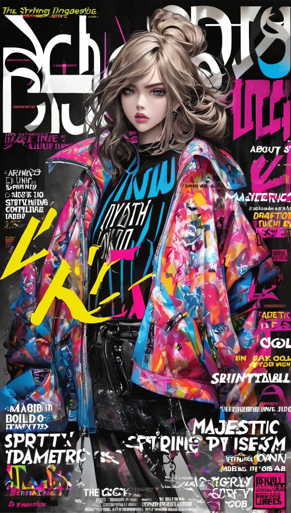 Fashion Magazine cover:a handsome female model, ((((dramatic))), (((Gritty))), (((intense))) film poster featuring a young Miss as the central character. She stands confidently in the center of the poster, wearing a fashionable and edgy full outfit, with a determined Express on her face. The background is dark and Gritty, with a sense of danger and intensity. The text is bold and striking, with a catchy tagline that adds to the overall feeling of drama and excitement. The color palette is mainly dark with splashes of energetic colors, giving the poster a Dynamic and visually striking appearance,vertical painting (Magazine:1.3), (cover-style:1.3), Fashionable, Miss, energetic, full outfit, pose, front, rich and colorful, Dynamic, background, element, confident, Express, Keep, statement, accessories, majestic, coiled, About, touch, Scenes, text, cover, bold, striking, title, fashionable, font, catchy, title, bigger, striking, modern, trend, focus, Fashion,