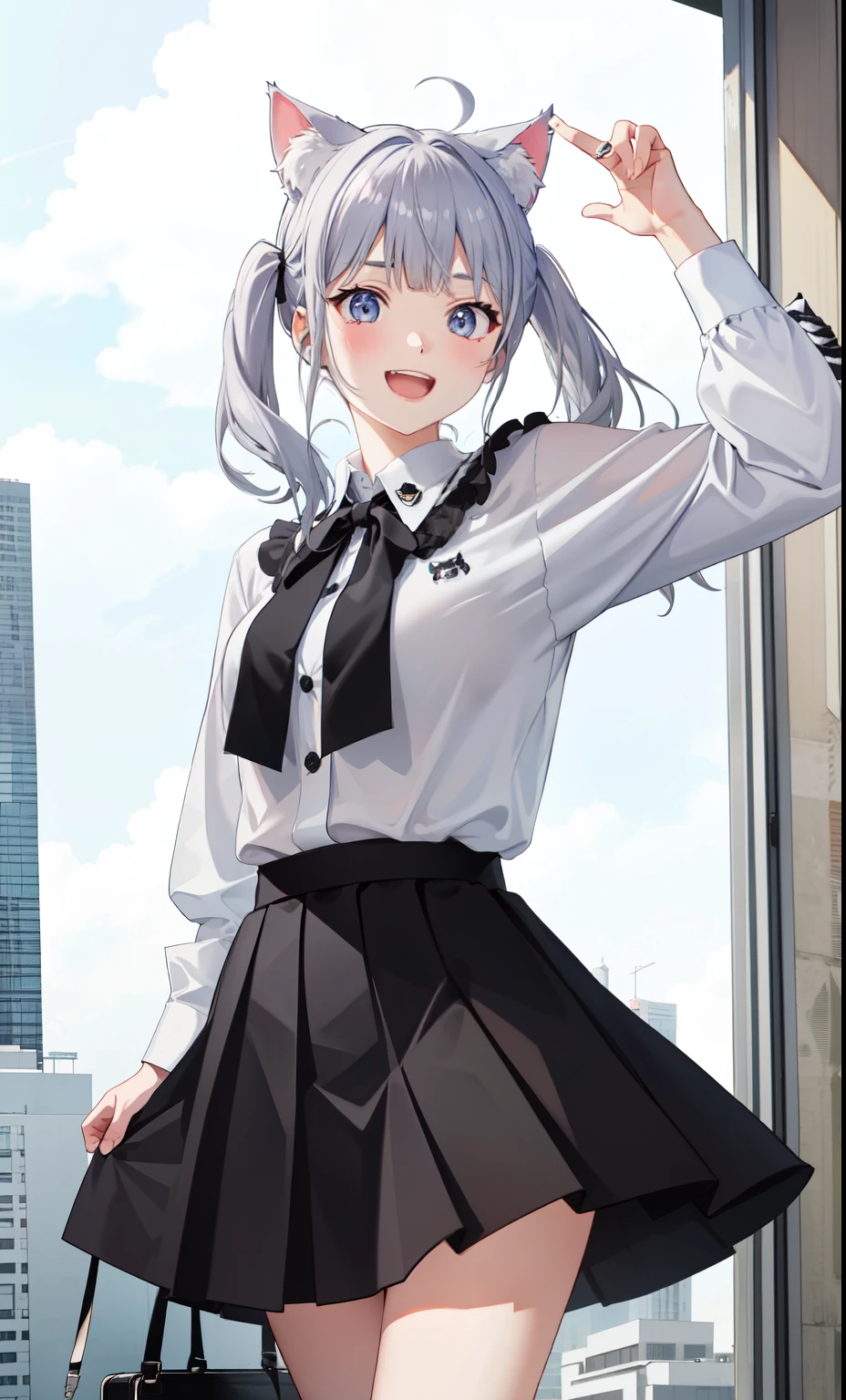 1 girl、laughter、shirt、blouse、skirt、()I play、movement、(gray hair)、Cat ear、
