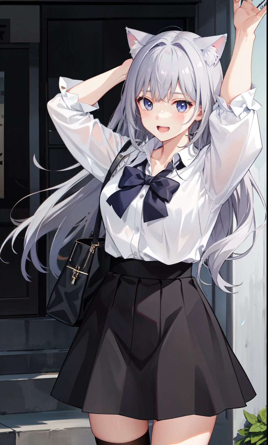 1 girl、laughter、shirt、blouse、skirt、（）I play、movement、（gray hair）、Cat ear、