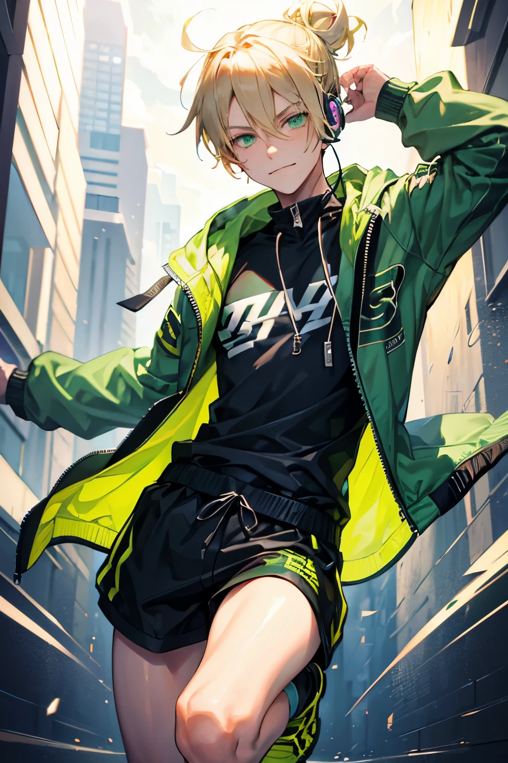 1boy, male, blonde hair, messy bun, green eyes, smirking, black and green jacket, racing jacket, hoodie, headphones, fully body