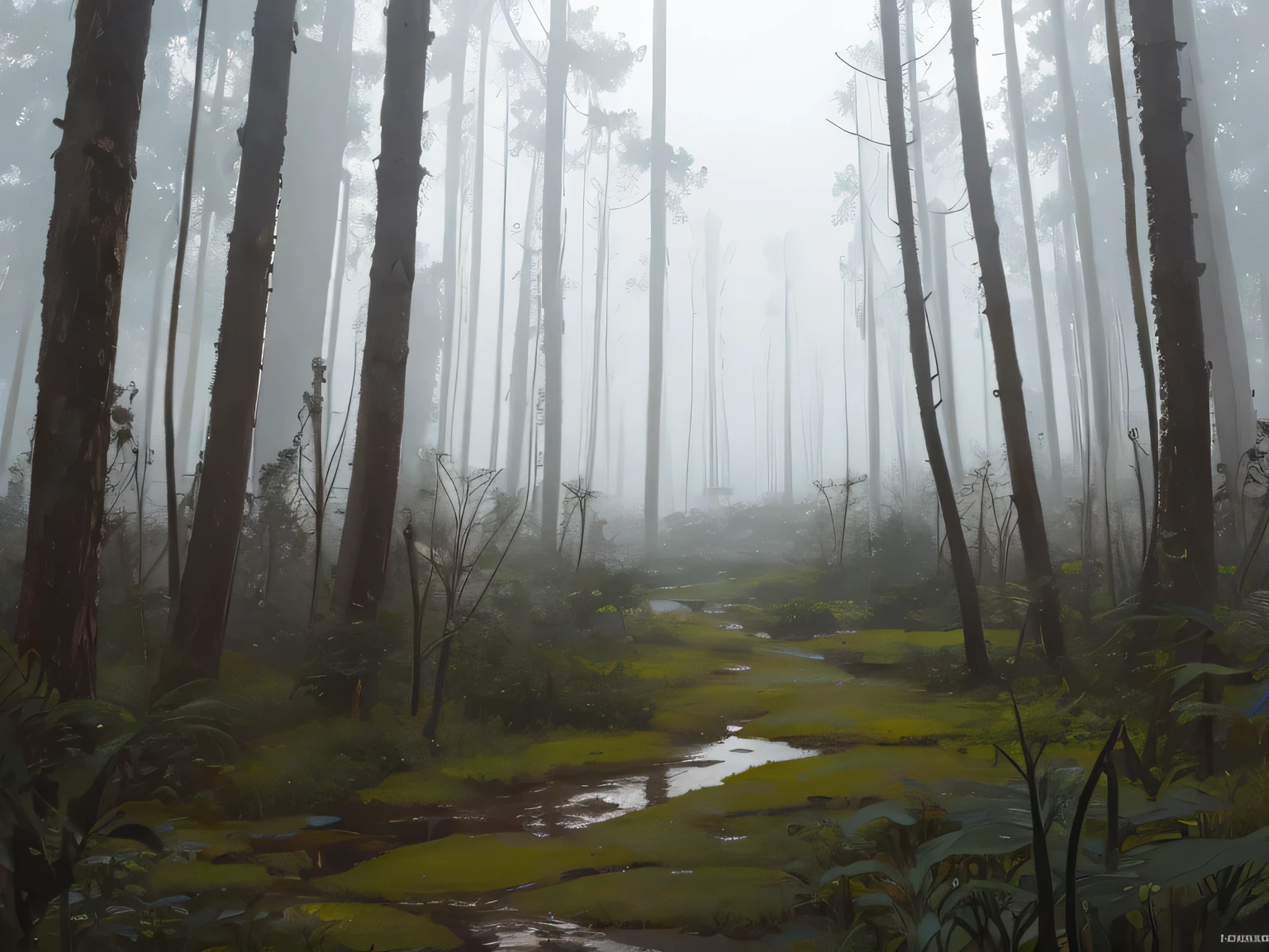 cloudy sky, dense forest, swamp, Squirrel, dull colors, Fog, Manhwa style