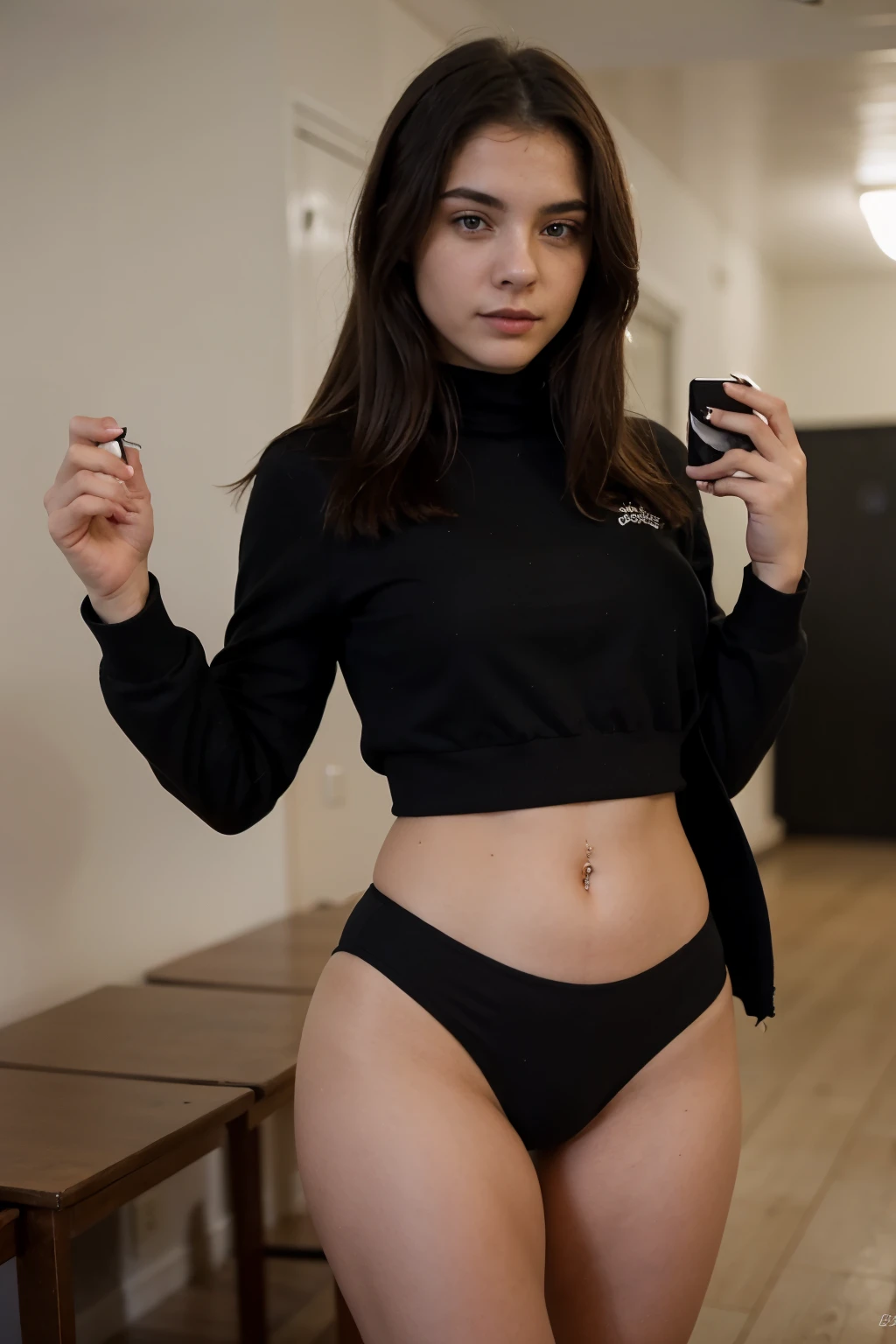 photograph of a 20 year old woman, cara perfecta, obra maestra, Bien, ropa interior, negro_Bien, chaqueta, negro_bragas