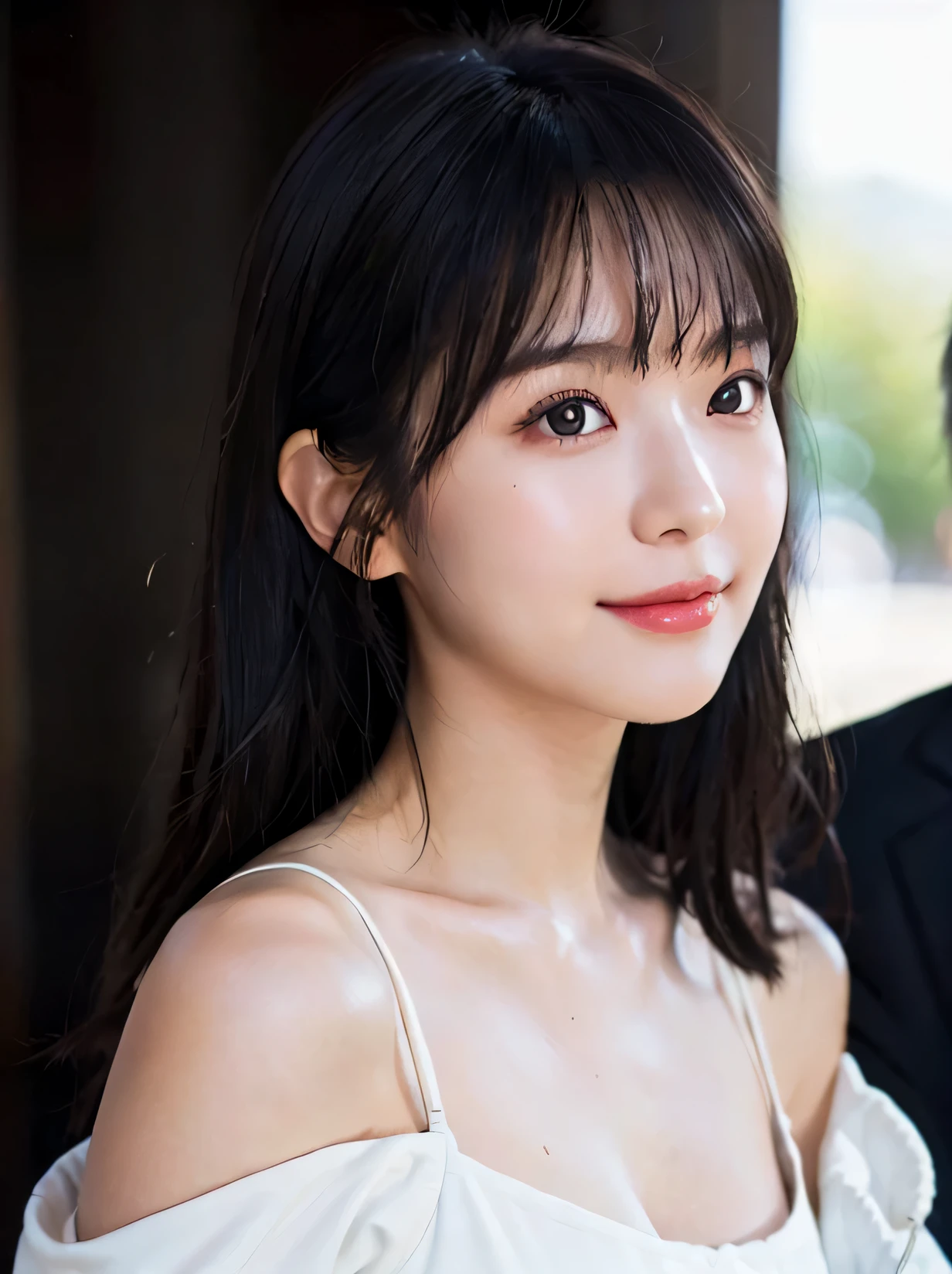 (highest quality:1.2, 8K, sharp focus, masterpiece: 1.2, cinematic light, High-definition and detailed CG, beautiful girl, reality, detailed facial texture, realistic skin, beautiful makeup, detailed bangs)), (written boundary depth), background bokeh, head tilt, smile, close your mouth, shiny black long hair, cowboy shot, white bare top mini dress, off shoulder jacket, From the side, Wind, The face shape is perfectly proportioned,slender body,Glossy skin,Fair skin,pose like a model