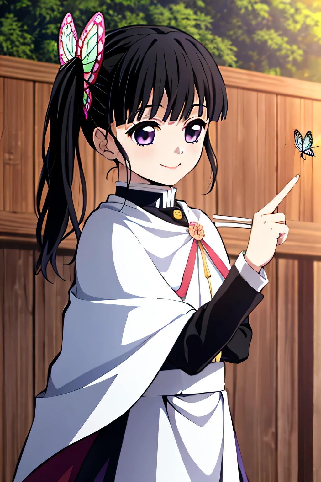 Kimetsu no yaiba style, 1 girl, butterfly hair ornaments, hair ornaments, butterfly, bug, demon slayer uniform, alone, purple eyes, side ponytail, butterfly on hand, smile, black hair, white cape, cape, outdoor, bangs, wood, fence, anime coloring book,  ((masterpiece)), black uniform,