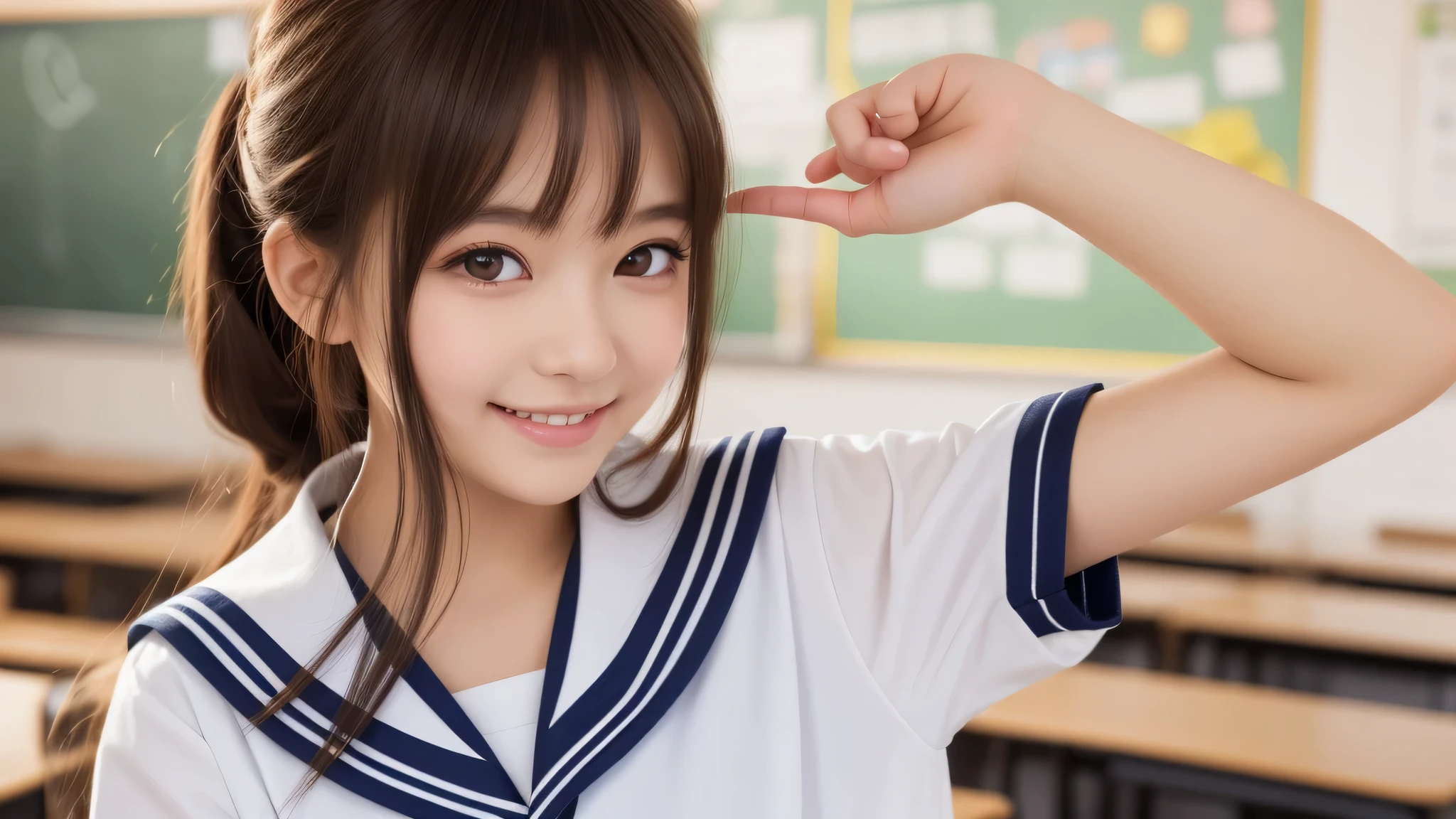 (1 girl), 18-year-old, (big round eyes), (cute dimples), enchanting smile, (sailor suit:1.2), (highest quality: 1.4), (Super detailed), (highest quality:1.4), (Super detailed), evening, very high resolution, (Upper body), close up face, (School, classroom), School anime, anime illustration,