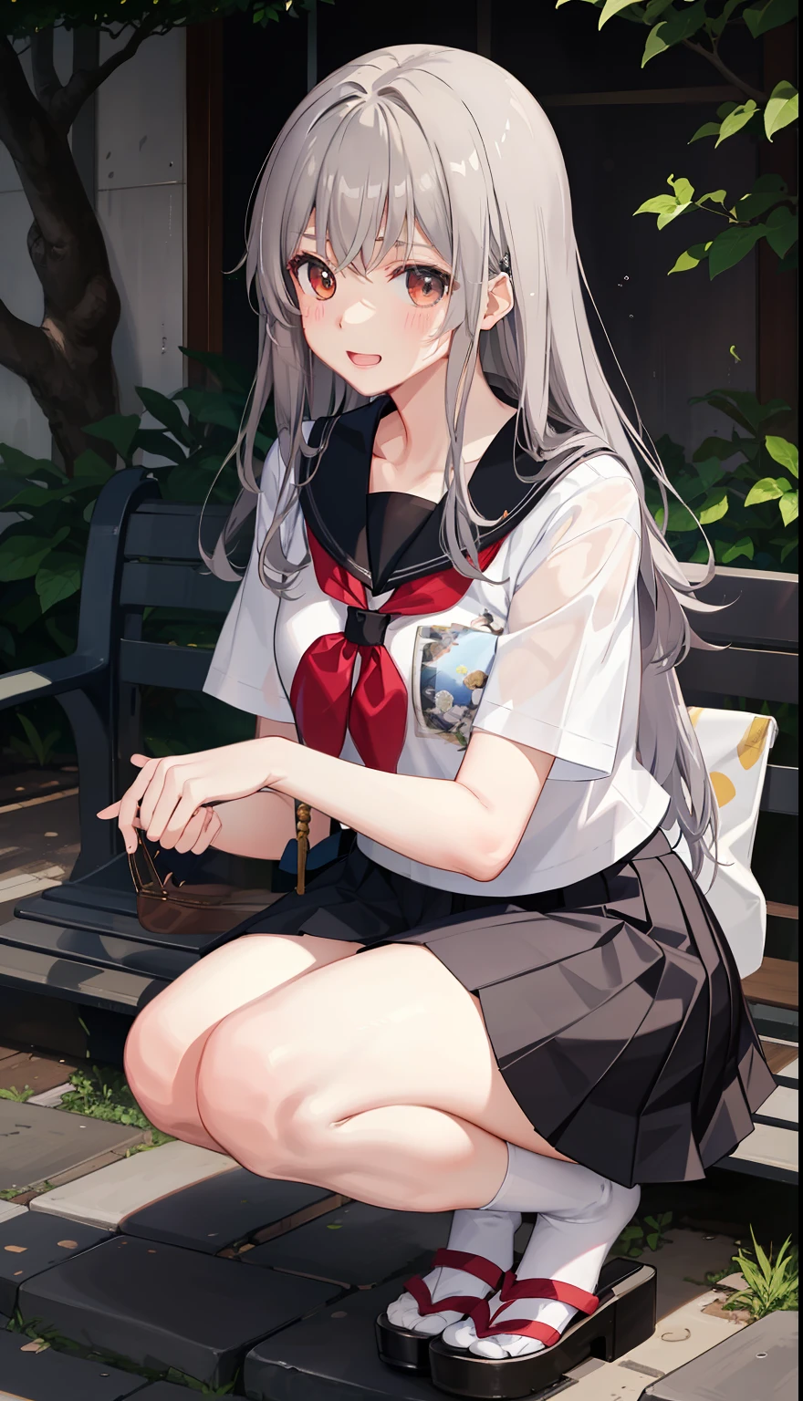 1 girl、laughter、shirt、skirt、（）i play、Japanese high 、serafuku、summer clothes、Squall drenched uniform、（Sheerbra）、upper body portrait、gray hair、squatting bench、