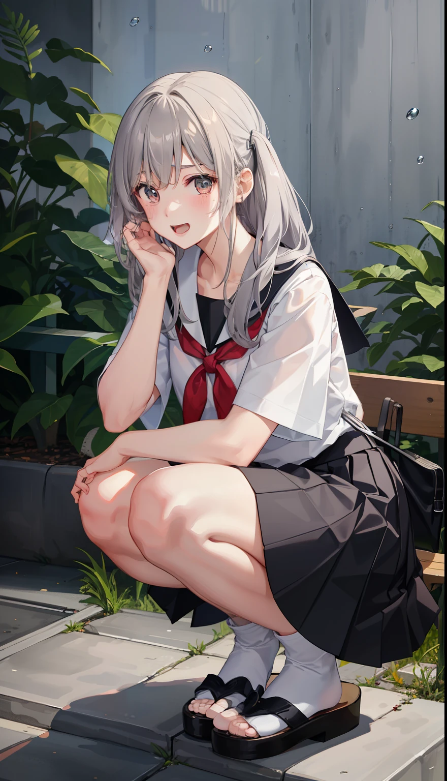 1 girl、laughter、shirt、skirt、()i play、Japanese high 、serafuku、summer clothes、Squall drenched uniform、(Sheerbra)、upper body portrait、gray hair、squatting bench、