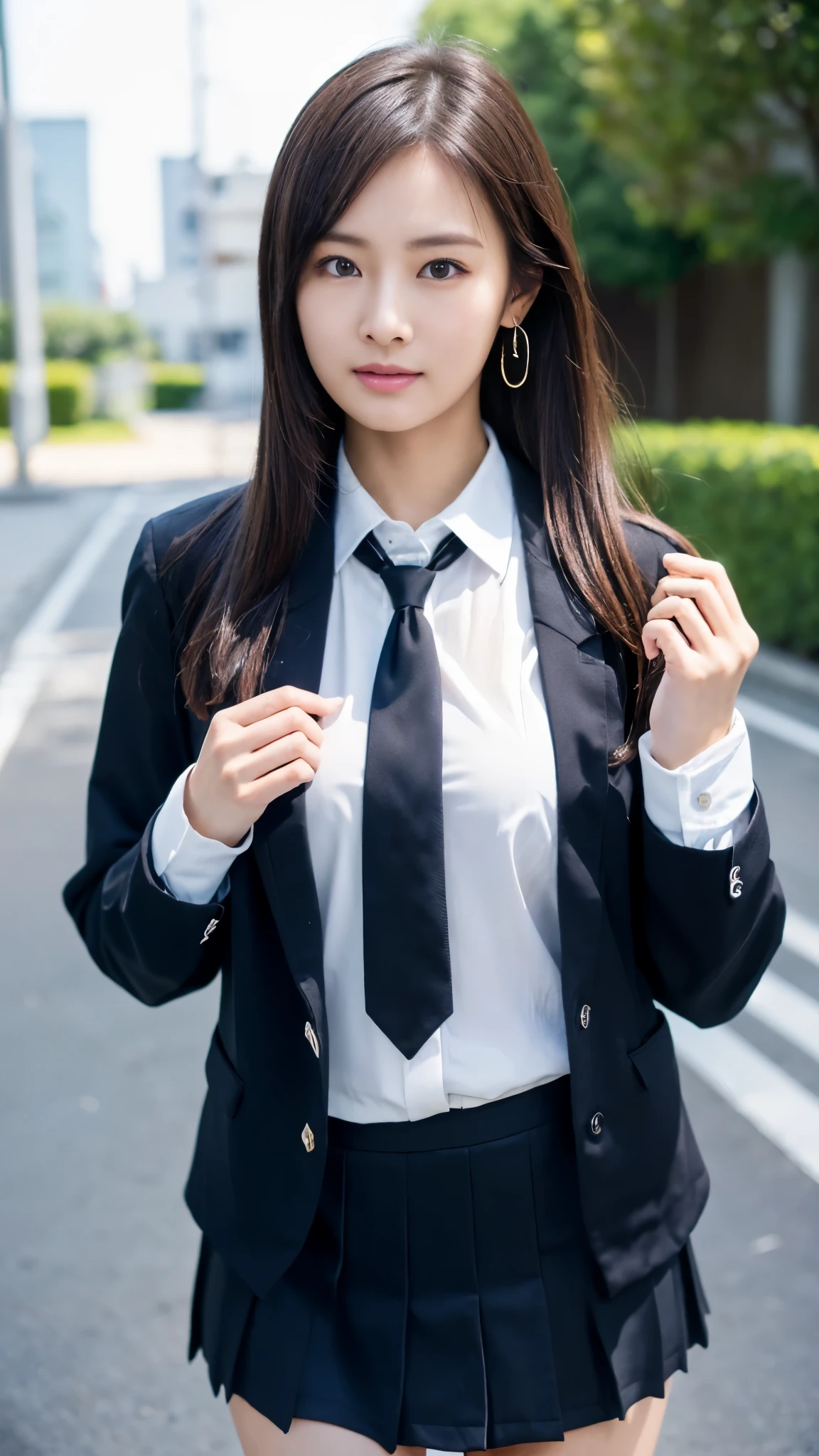 mix 4, (16k, Raw photo, best image quality, masterpiece: 1.45), (realistic, Photoreal: 1.37), tall girl, cute, cityscape,, professional lighting, photon mapping, school classroom, Physically based rendering, dark brown hair,ponytail hairstyle, well-groomed and beautiful eyes、((double eyelid))、super cute girl, (((school uniform、blazer、Long-sleeved shirts worn by Japanese high school girls、ribbon tie、dark blue mini skirt,、dark blue socks、black loafers))), highest quality photos, High resolution, 1080p, (clear face), (Detailed facial description), (detailed description of hands), (masterpiece), (Detailed CG)、extreme light and shadow、messy hair、master work、Rich details、(detailed facial features)、(highest quality photoasseter muscle part)、(detailed eye)、look in front of you、thin clavicle、((slender and big))、(((Japanese female students wear jackets and long-sleeved shirts)))、((neat idol))、((school gate、schoolyard、With the school building in the background))、(Take photos from random viewpoints)、(((cute like an idol)))、earrings、big smile、Draw the whole body from the knees、Do not draw fine lines、(((Sports bags used by Japanese female students)))、(Big big breasts with big drooping:1.2)、big firm butt、two arms、two legs、(((from the front:0.7)))、bare hands、(((symmetrical eyes)))、standing pose、please put your hands on the desk、Do not remove the tie from the jacket、raise your butt:1.5，Raw sex:1.5，