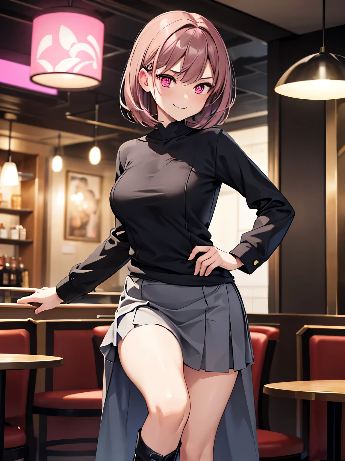 (1) there is a woman, She lifts up her skirt to show her beautiful legs. 
(2) She is standing, I want you to draw the whole body with legs visible.. 
(3) woman wears gray skirt suit, Wearing a long sleeve V-neck knit as an inner layer, and knee-length black boots.  
(4) The visible pants have a flashy pink pattern, and 
(5) woman has short brown hair, shining eyes, and a provocative, a grin on her face, 
(6) The place is a cafe restaurant., 
(7) highest quality, High resolution, realistic pictures, realistic skin,