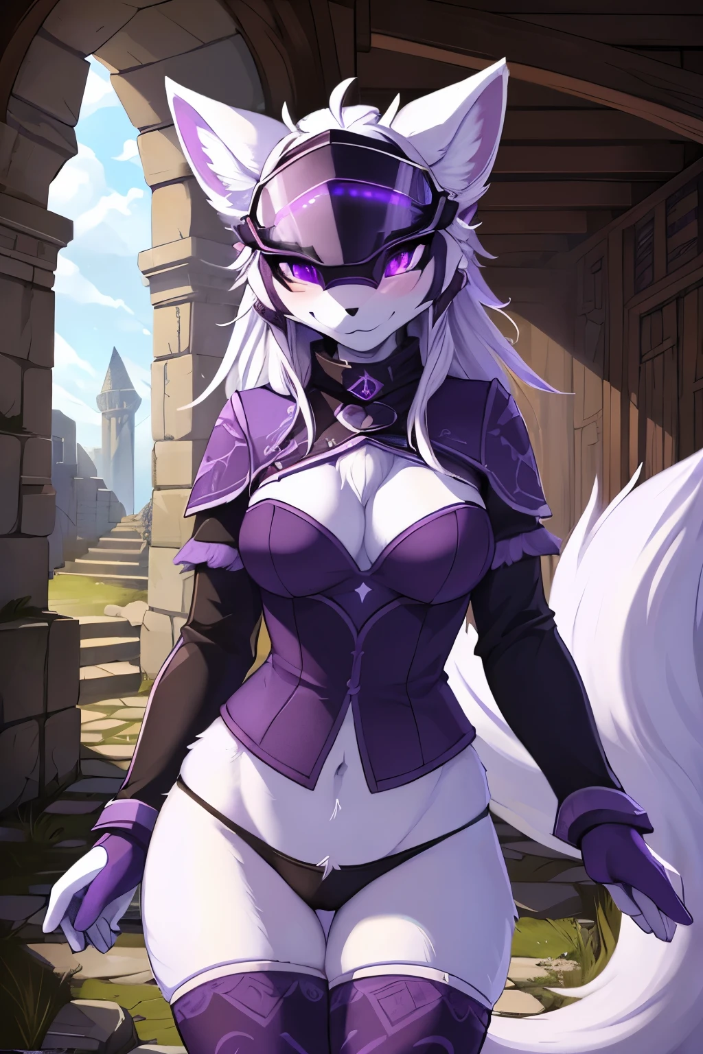 ((best quality, masterpiece, perfect anatomy, detailed picture)), 1female, arctic protogen, arctic fox, long visor, purple visor, purple eyes, sexy body, Nightingale outfit, (Skyrim), legwear, double panties, fluffy tail, red blushing, shy, in the ruins, portrait, illustration