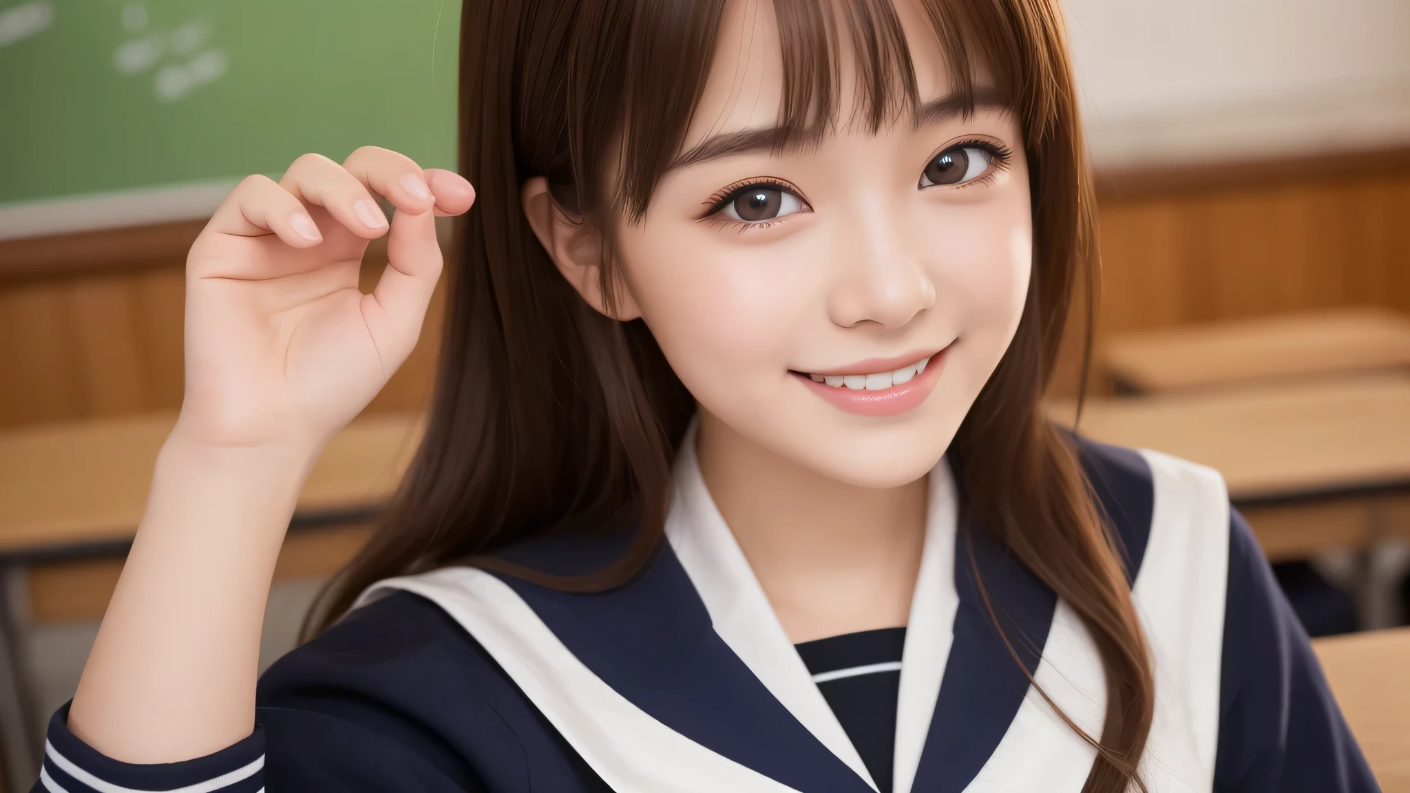 (1 girl), 18-year-old, (big round eyes), (cute dimples), enchanting smile, (sailor suit:1.2), (highest quality: 1.4), (Super detailed), (highest quality:1.4), (Super detailed), evening, very high resolution, (Upper body), close up face, (School, classroom), School anime, anime illustration,