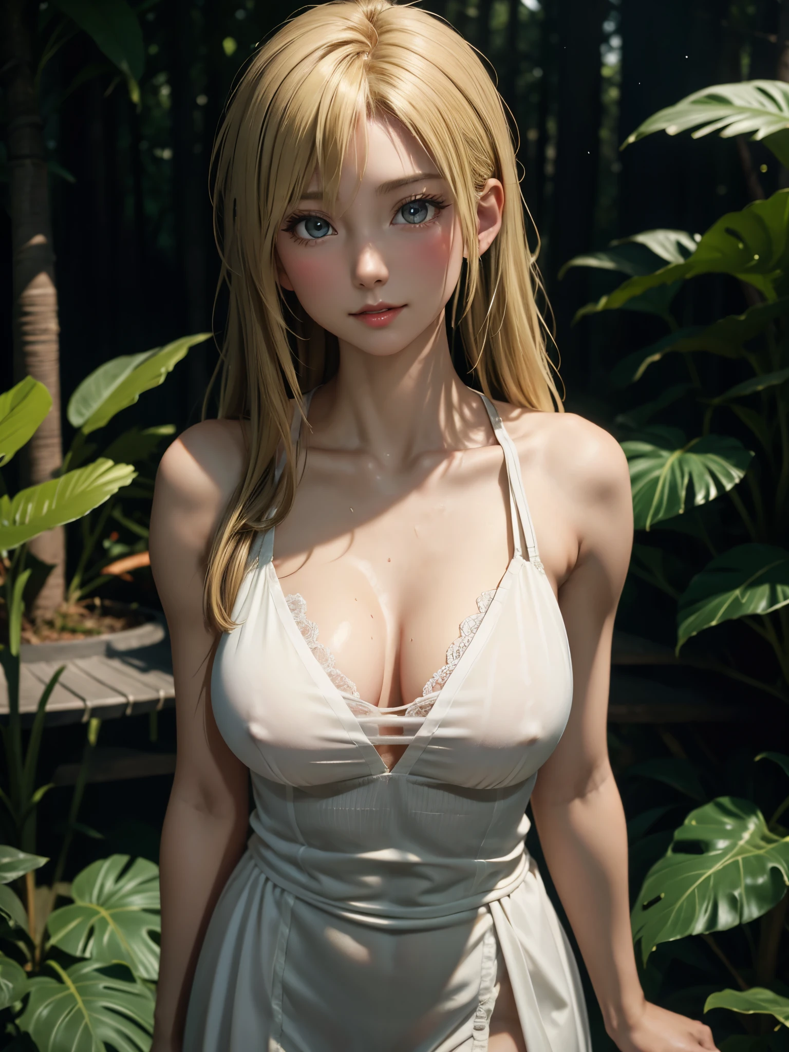 (masterpiece), (best quality), (detailed), light layer, 1 solo girl, young girl in the forest, Sexy sheer colonial dress, Perfect body, blonde hair, clear , Well-defined clavicle, Surreal, lifelike, detailed, perky transparent nipples, wet clothes,  